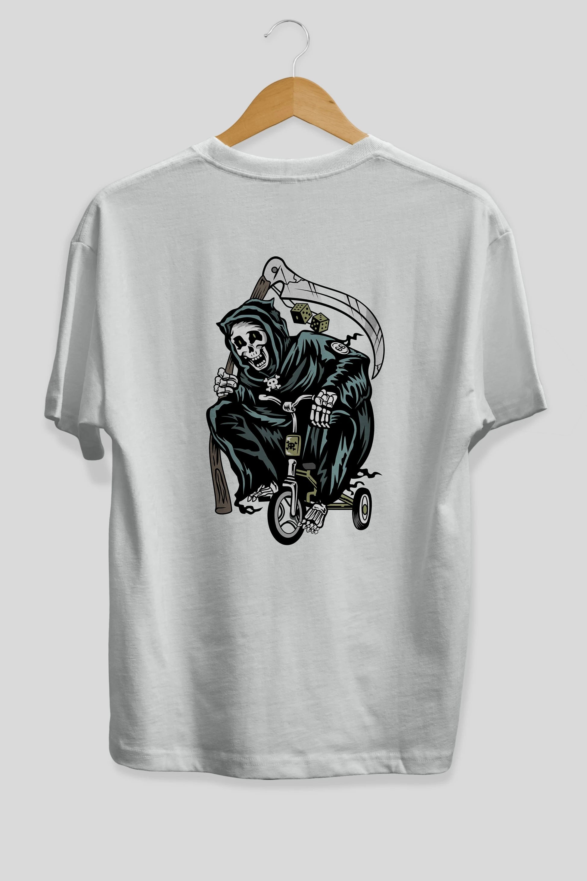 Grim Reaper Bicycle Arka Baskılı Oversize t-shirt Erkek Kadın Unisex %100 Pamuk tişort