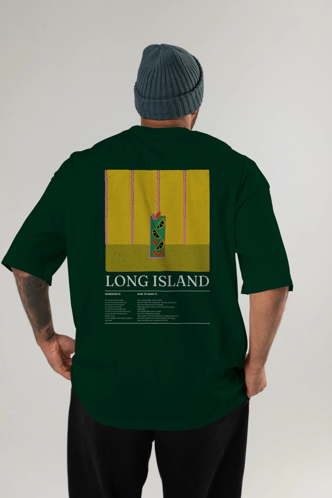 Long Island Kokteyl Serisi Arka Baskılı Oversize t-shirt Erkek Kadın %100 Pamuk Bisiklet Yaka tişort