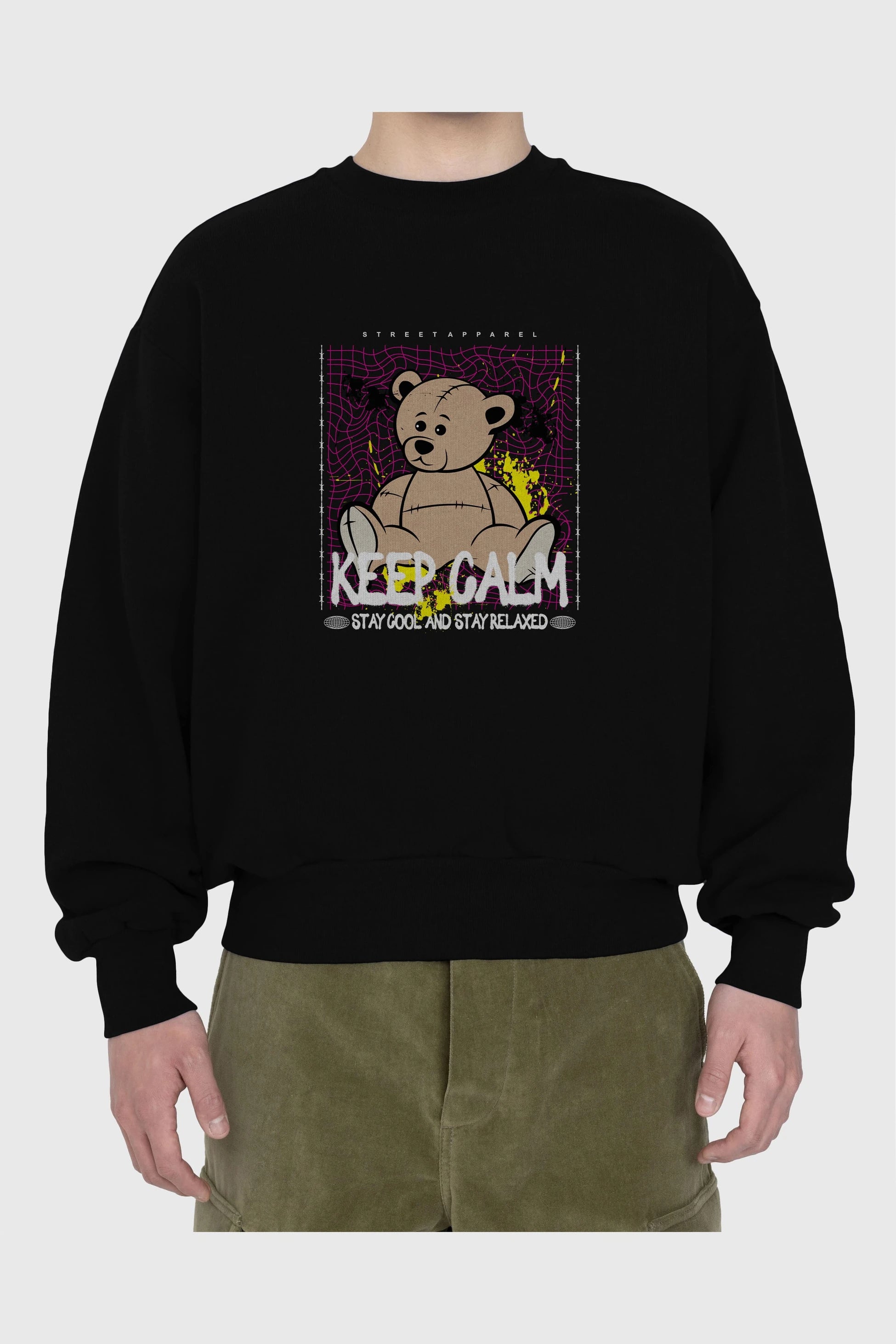 Keep Calm Bear Ön Baskılı Oversize Sweatshirt Erkek Kadın Unisex