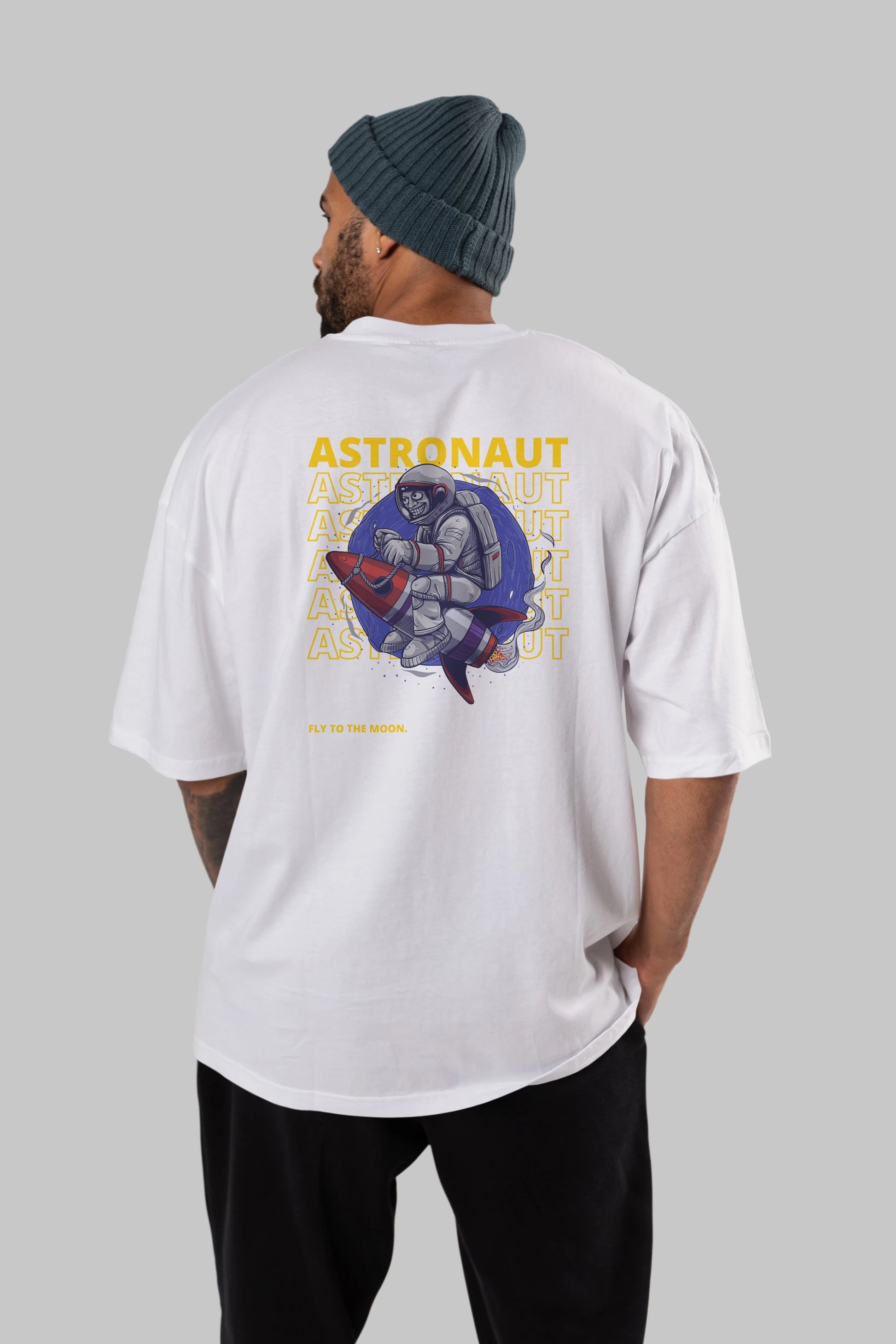 Astronaut Fly to the Moon Yazılı Arka Baskılı Oversize t-shirt Erkek Kadın Unisex