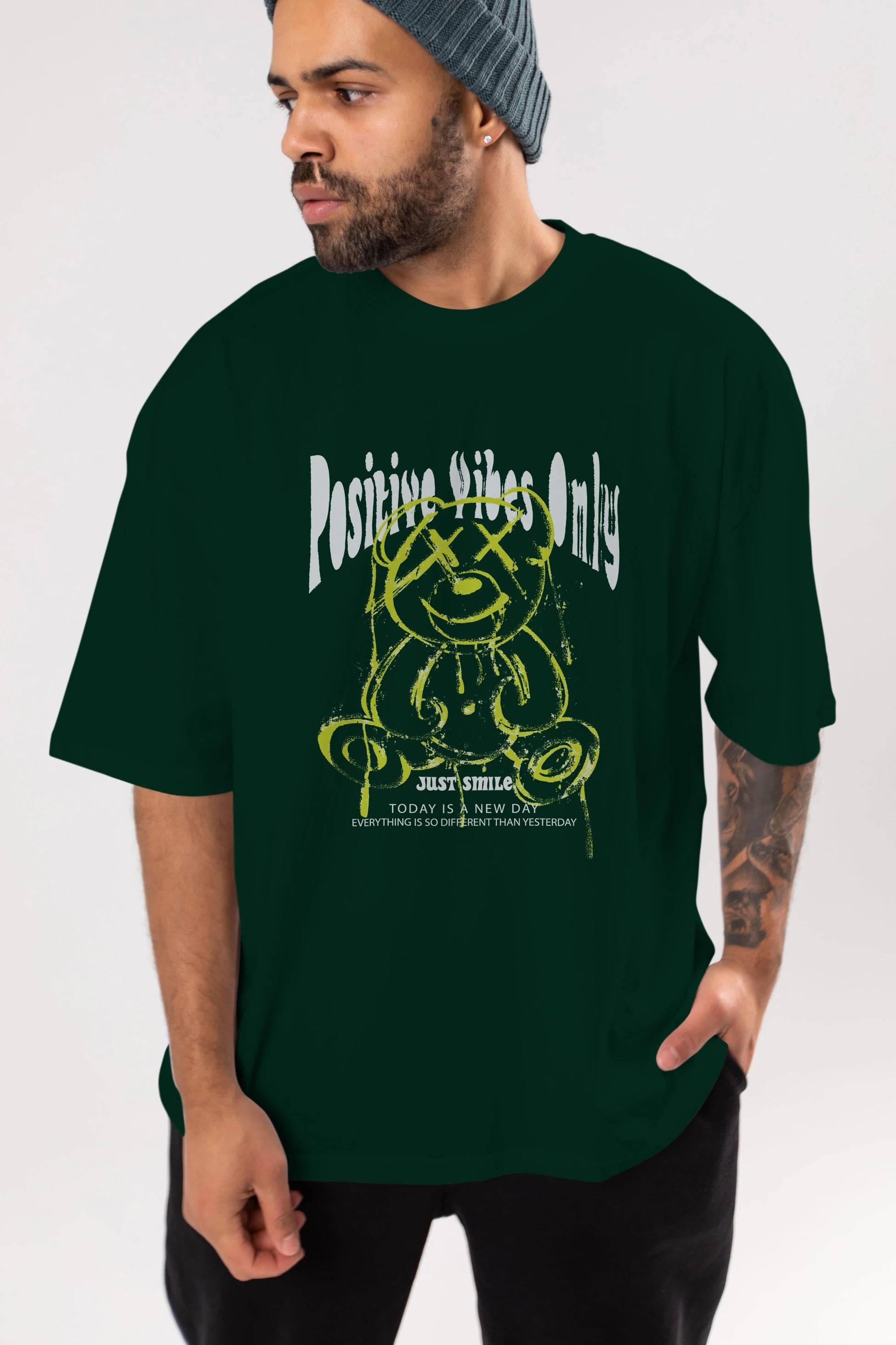 Positive Vibes Only Bear Ön Baskılı Oversize t-shirt Erkek Kadın Unisex