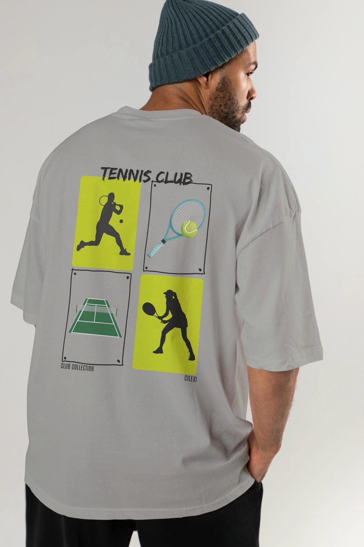 Tennis Club Arka Baskılı Oversize t-shirt Erkek Kadın %100 Pamuk Bisiklet Yaka tişort
