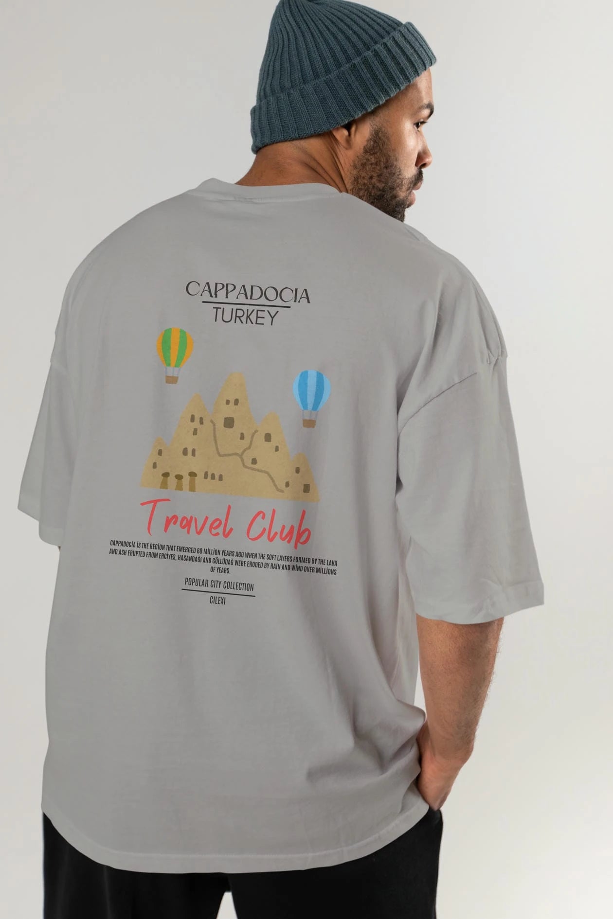 Cappadocia Turkey Arka Baskılı Oversize t-shirt Erkek Kadın Pamuk Bisiklet Yaka tişort