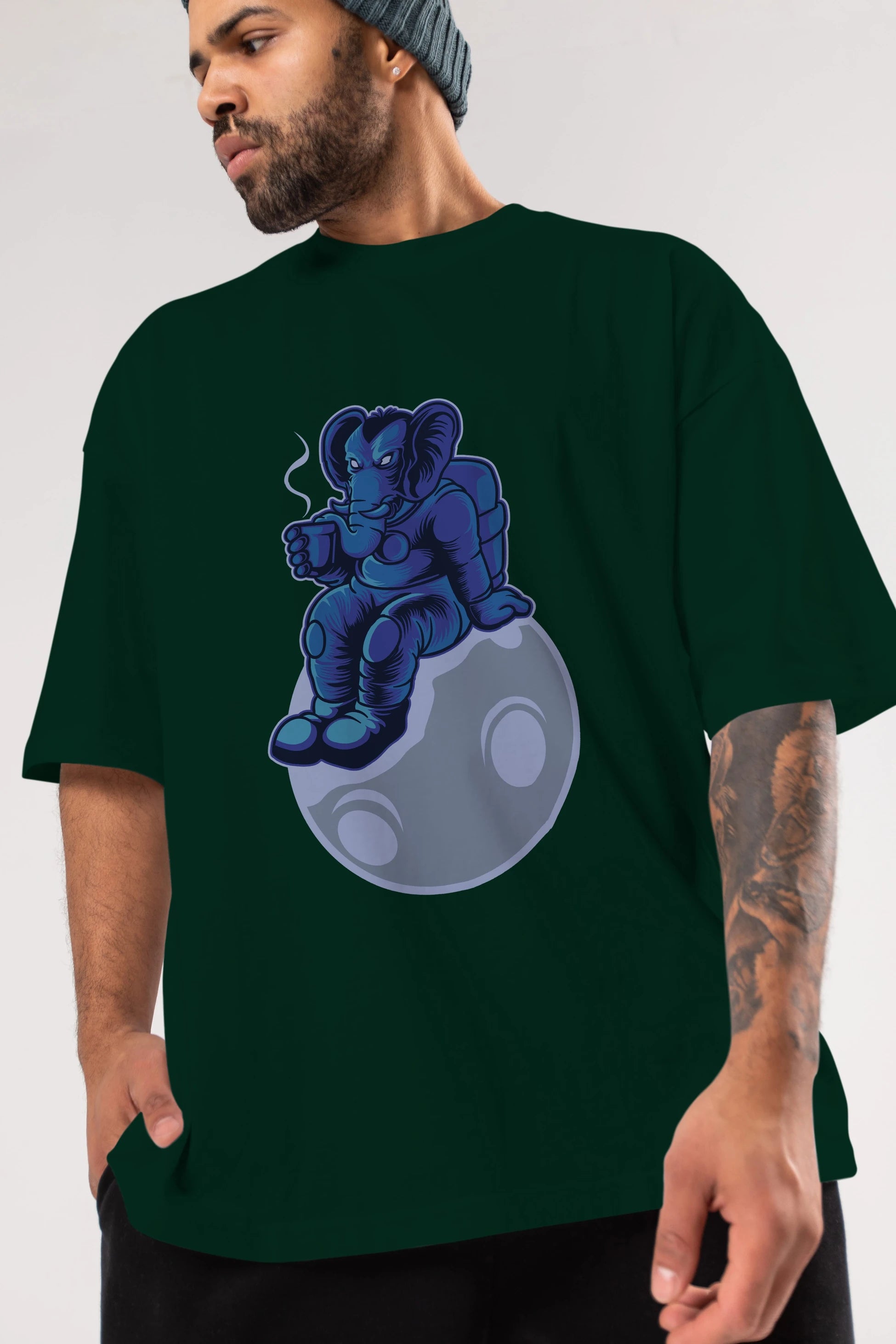 Space Elephant Drink Coffee Ön Baskılı Oversize t-shirt Erkek Kadın Unisex