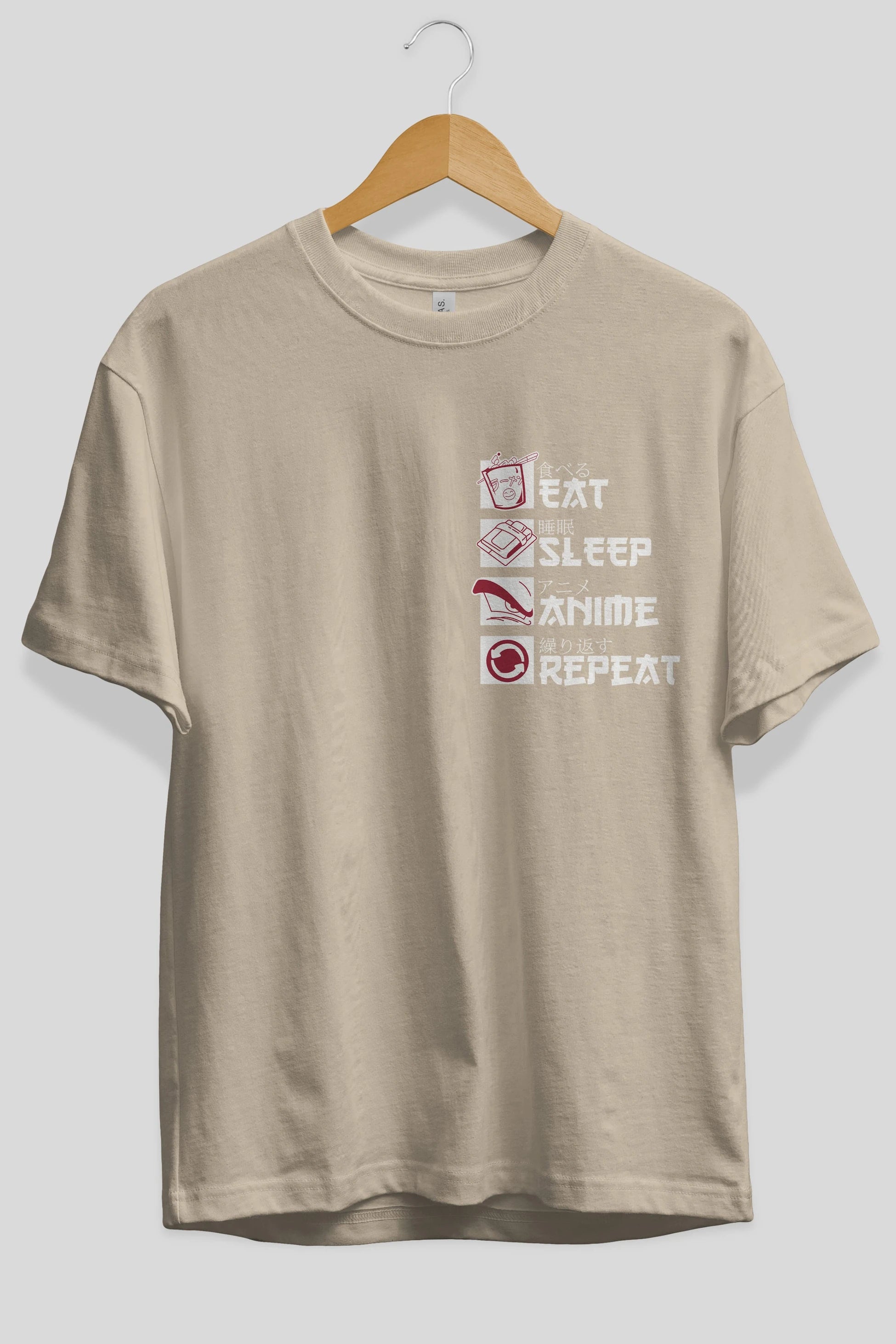 Eat, Sleep, Anime, Repeat Ön Sol Baskılı Oversize t-shirt Erkek Kadın Unisex %100 Pamuk Bisiklet Yaka tişort