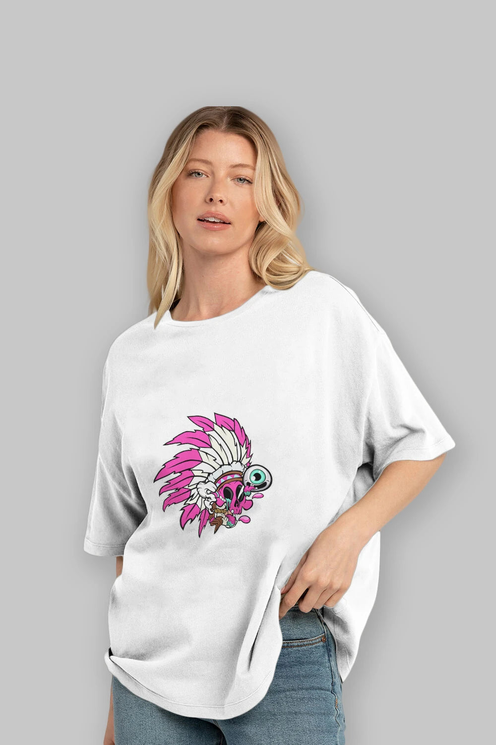 Skull Indian Ön Baskılı Oversize t-shirt Erkek Kadın Unisex %100 Pamuk tişort