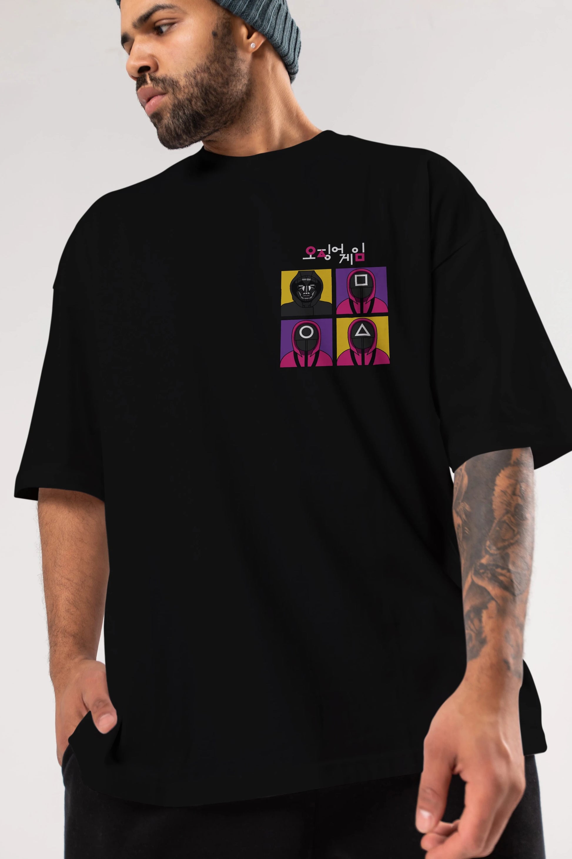 Squid Game (1) Ön Sol Baskılı Oversize t-shirt Erkek Kadın Unisex %100 Pamuk Bisiklet Yaka tişort
