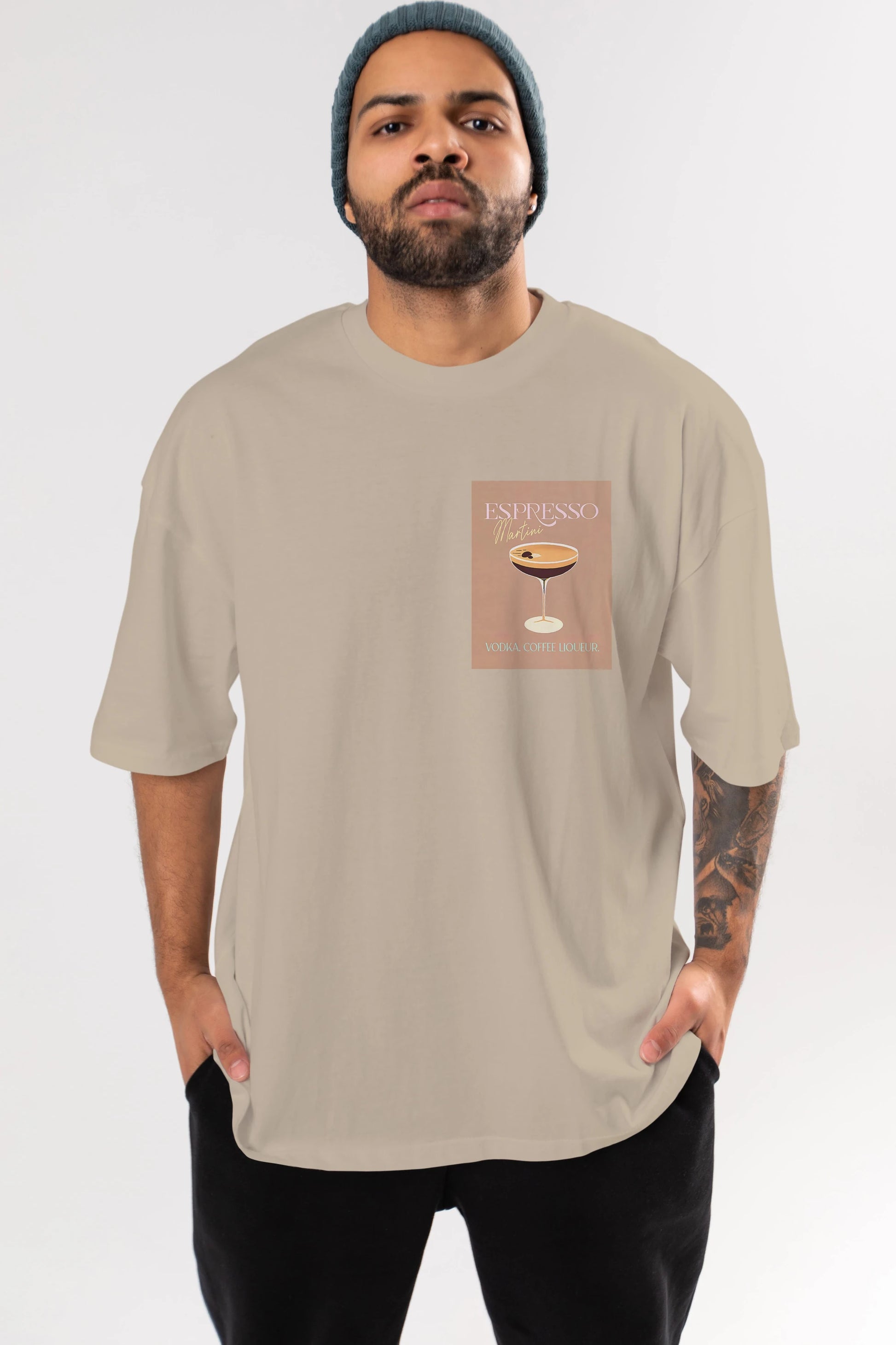 Espresso Martini Cocktail Ön Sol Baskılı Oversize t-shirt Erkek Kadın Unisex %100 Pamuk Bisiklet Yaka tişort