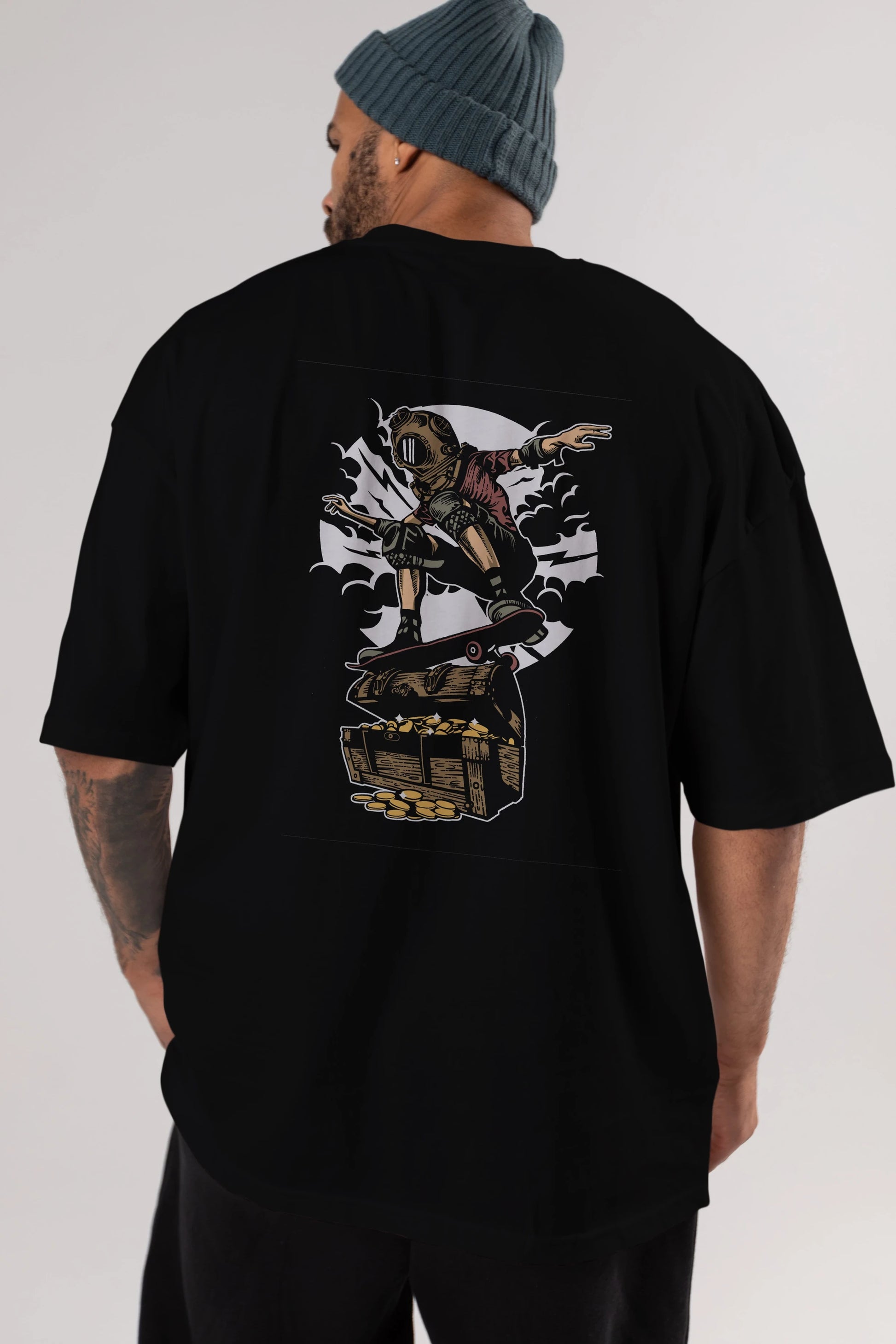 Diver Skater Treasure Arka Baskılı Oversize t-shirt Erkek Kadın Unisex %100 Pamuk