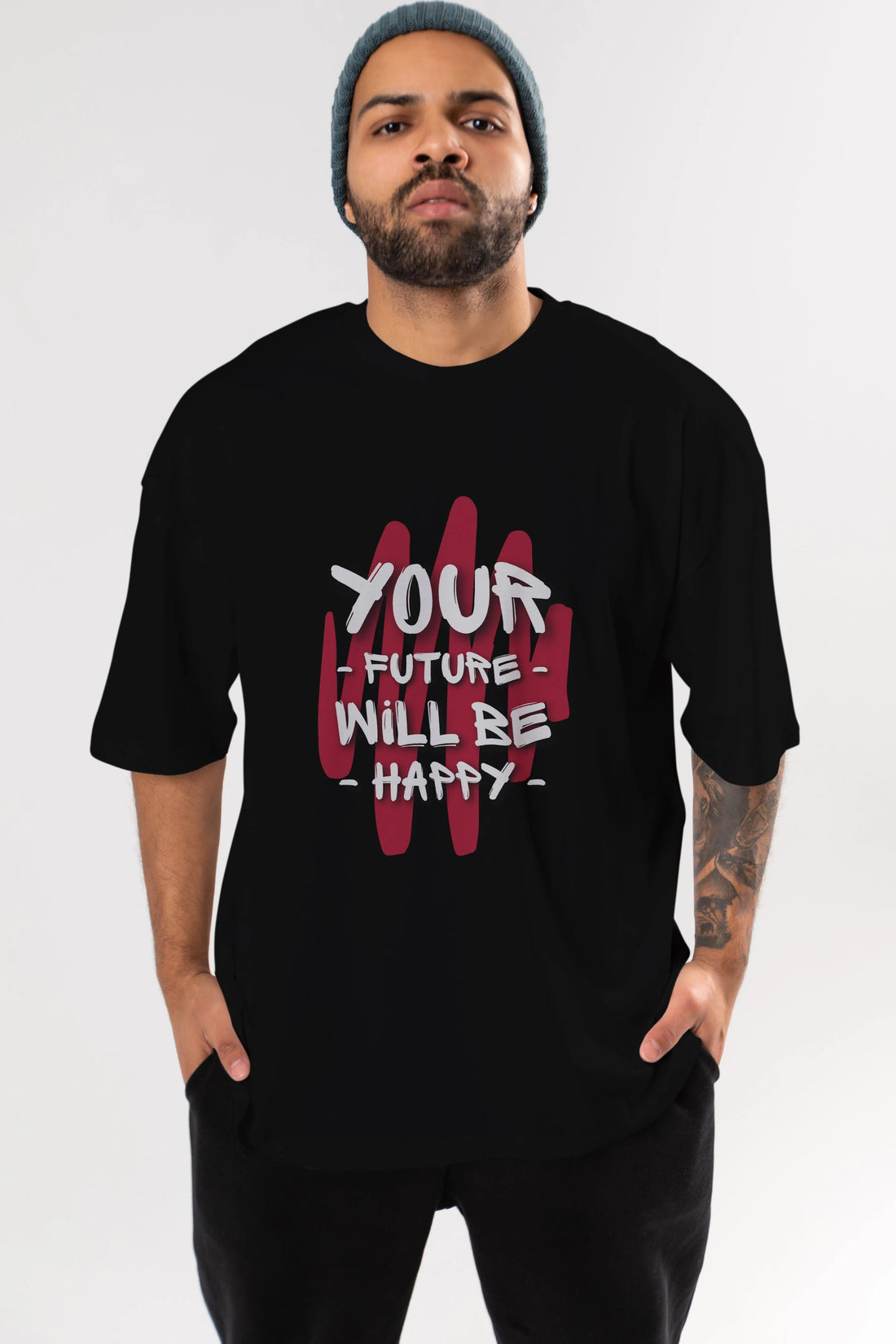 Your Future Will be Happy Yazılı Ön Baskılı Oversize t-shirt Erkek Kadın Unisex