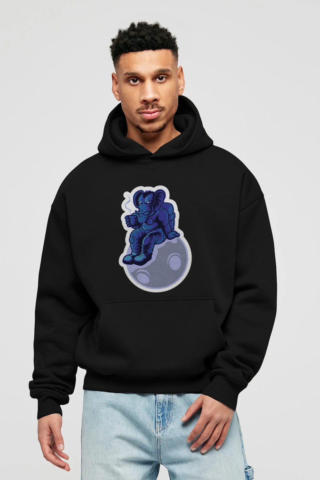 Space Elephant Drink Coffee Sticker Ön Baskılı Hoodie Oversize Kapüşonlu Sweatshirt Erkek Kadın Unisex
