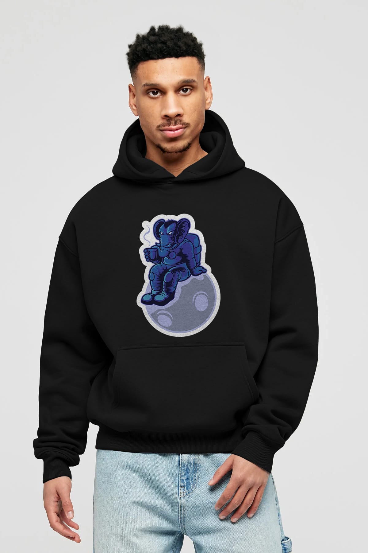 Space Elephant Drink Coffee Sticker Ön Baskılı Hoodie Oversize Kapüşonlu Sweatshirt Erkek Kadın Unisex