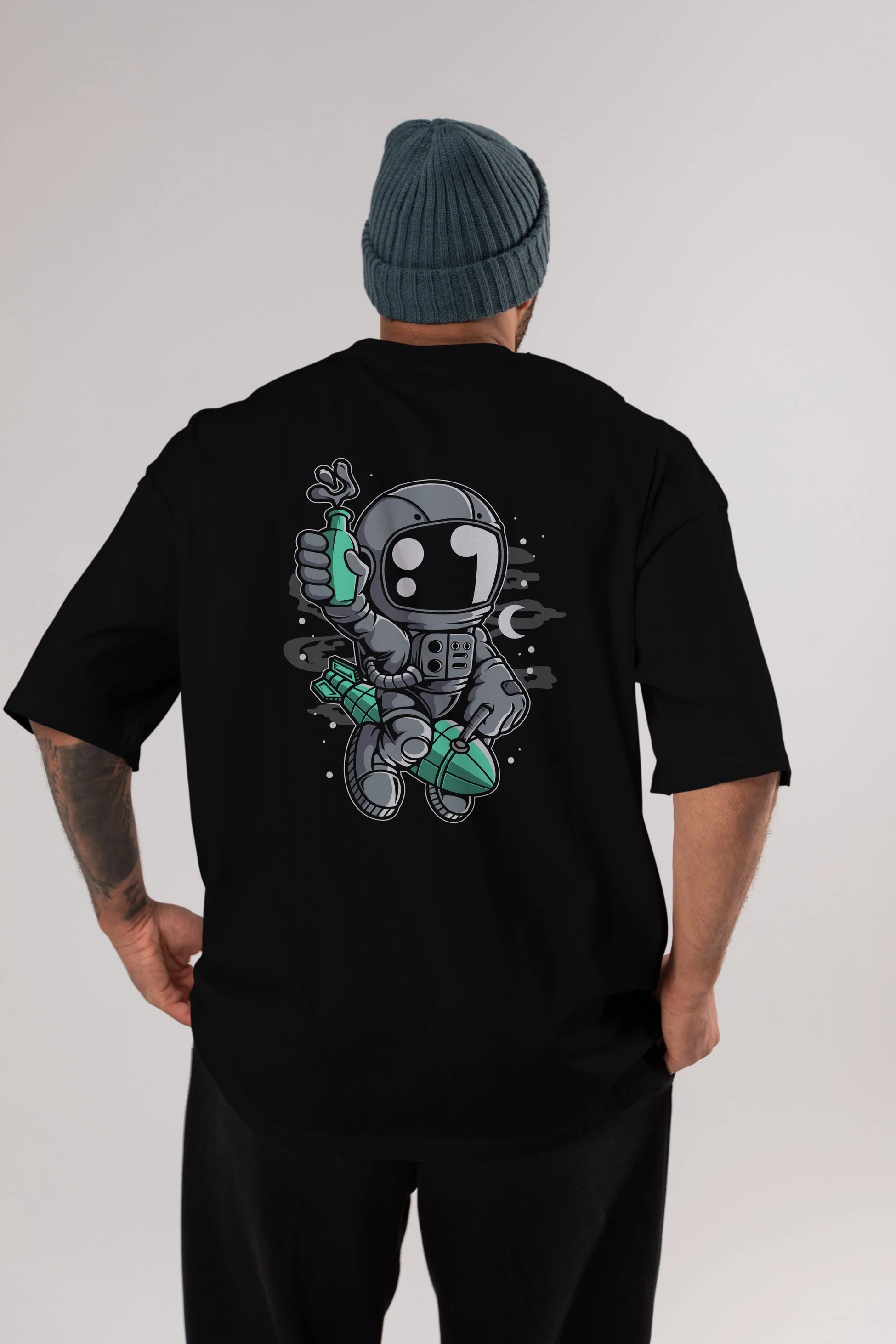Astronaut Rocket Arka Baskılı Oversize t-shirt Erkek Kadın Unisex