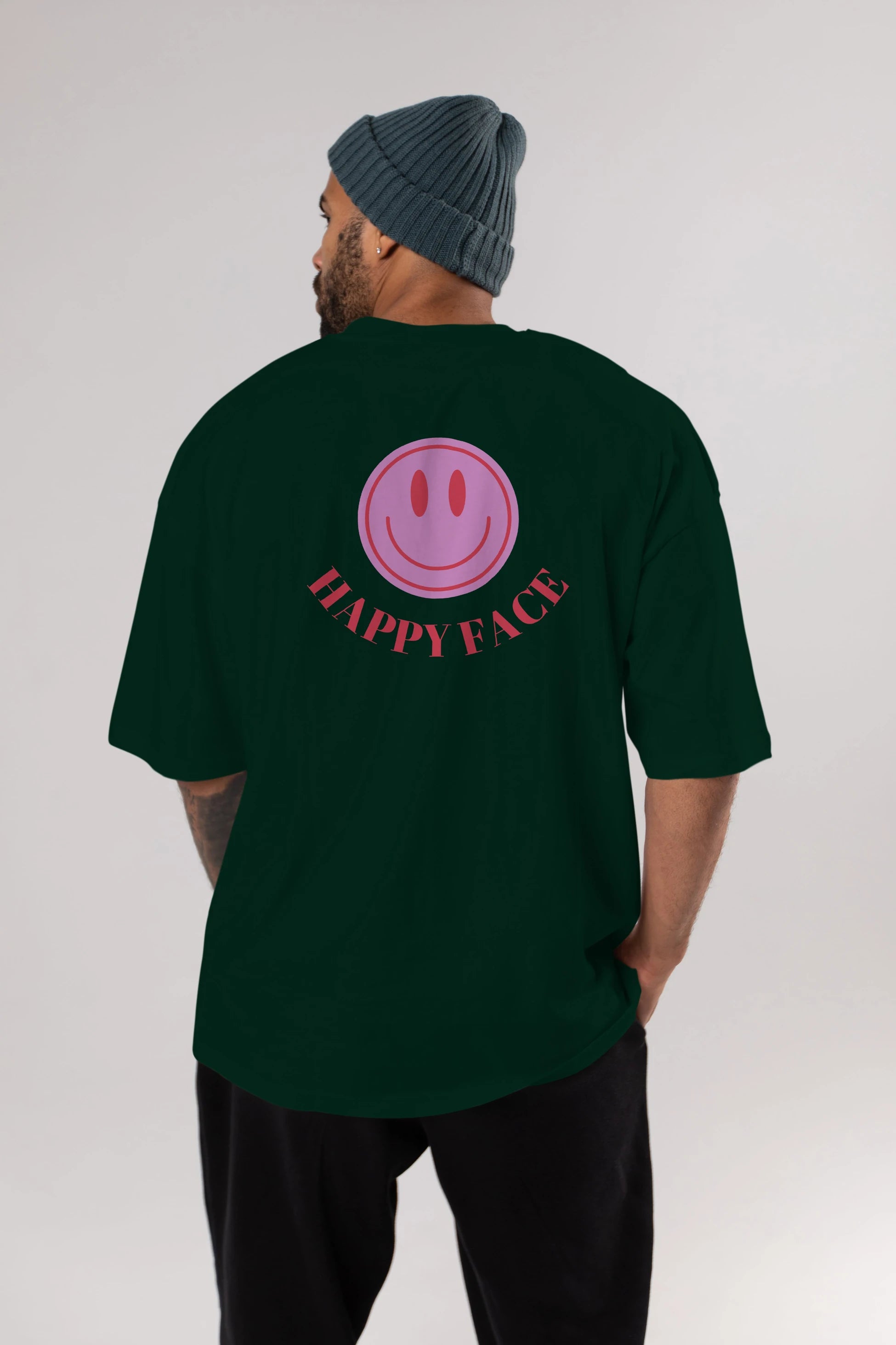 Happy Face Yazılı Arka Baskılı Oversize t-shirt Erkek Kadın Unisex