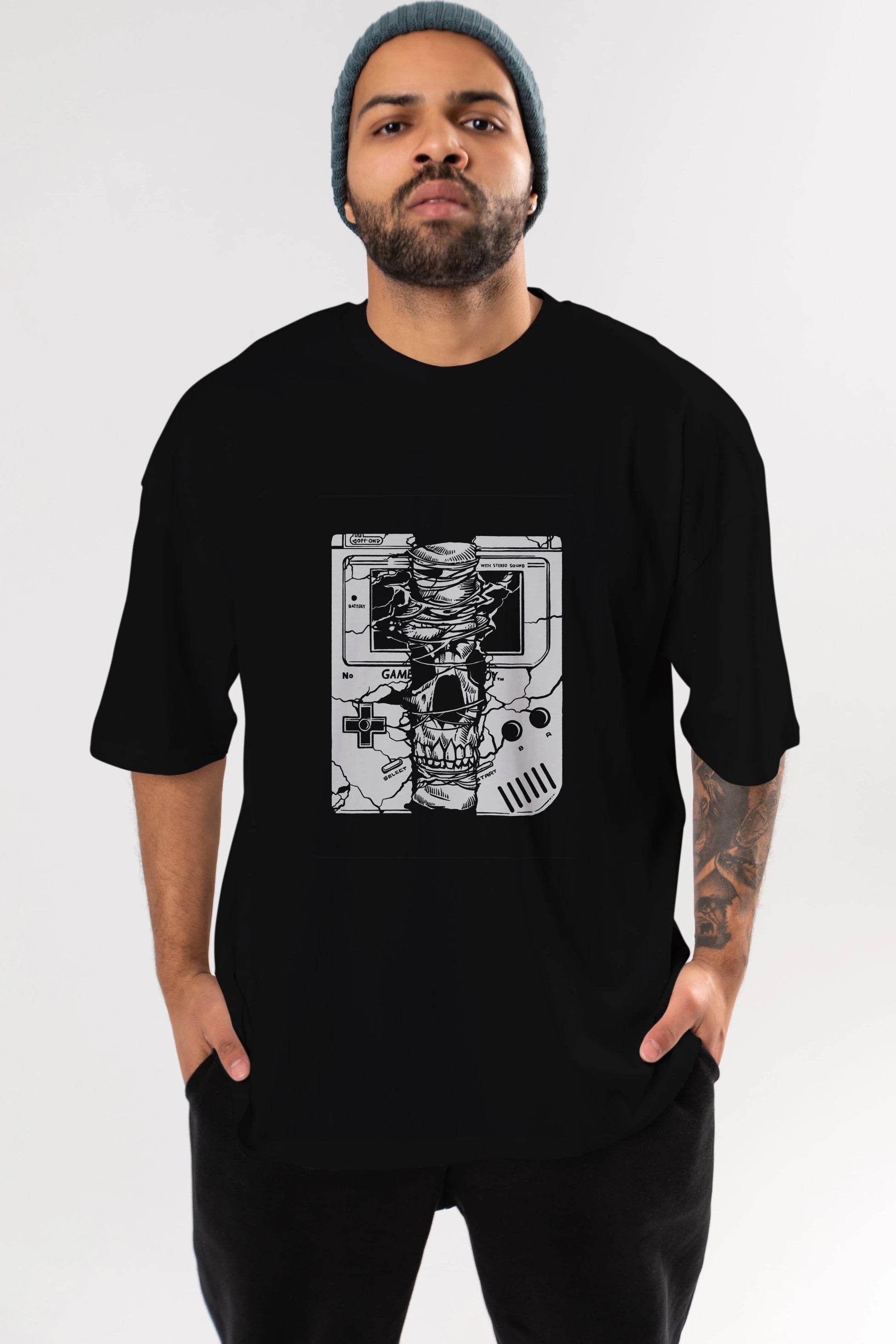 Gameboy Skull Ön Baskılı Oversize t-shirt Erkek Kadın Unisex %100 Pamuk tişort