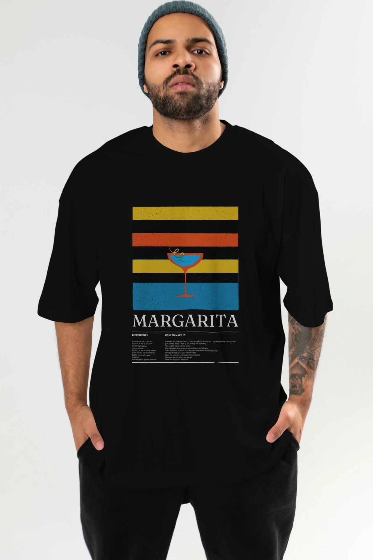 Margarita Kokteyl Ön Baskılı Oversize t-shirt Erkek Kadın %100 Pamuk Bisiklet Yaka tişort