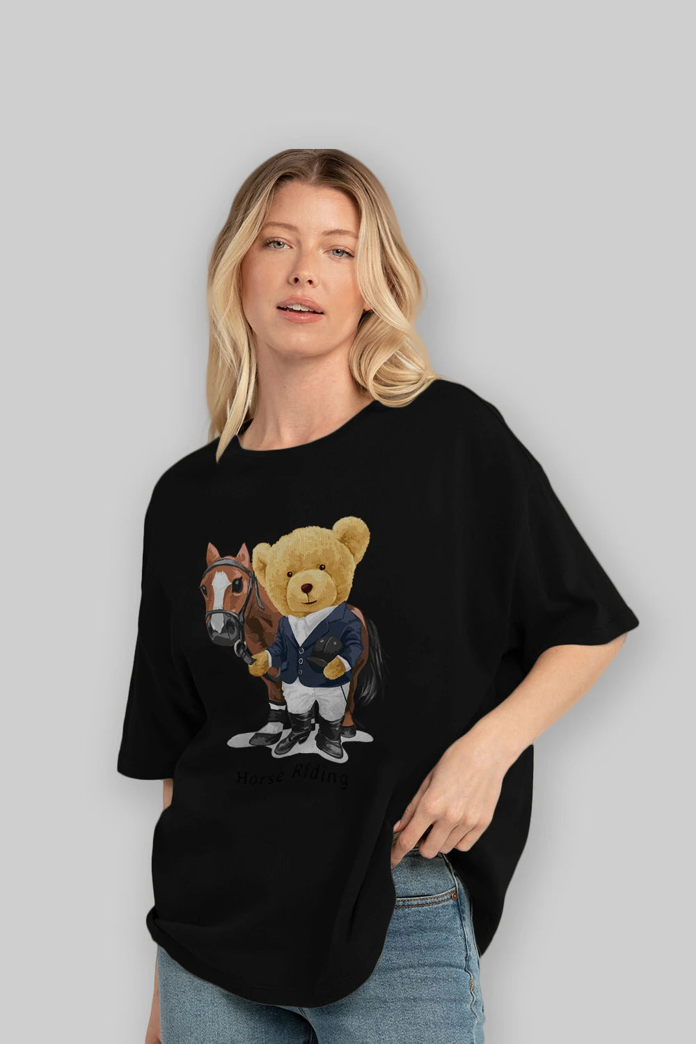 Teddy Bear Horse Riding Ön Baskılı Oversize t-shirt Erkek Kadın Unisex %100 Pamuk