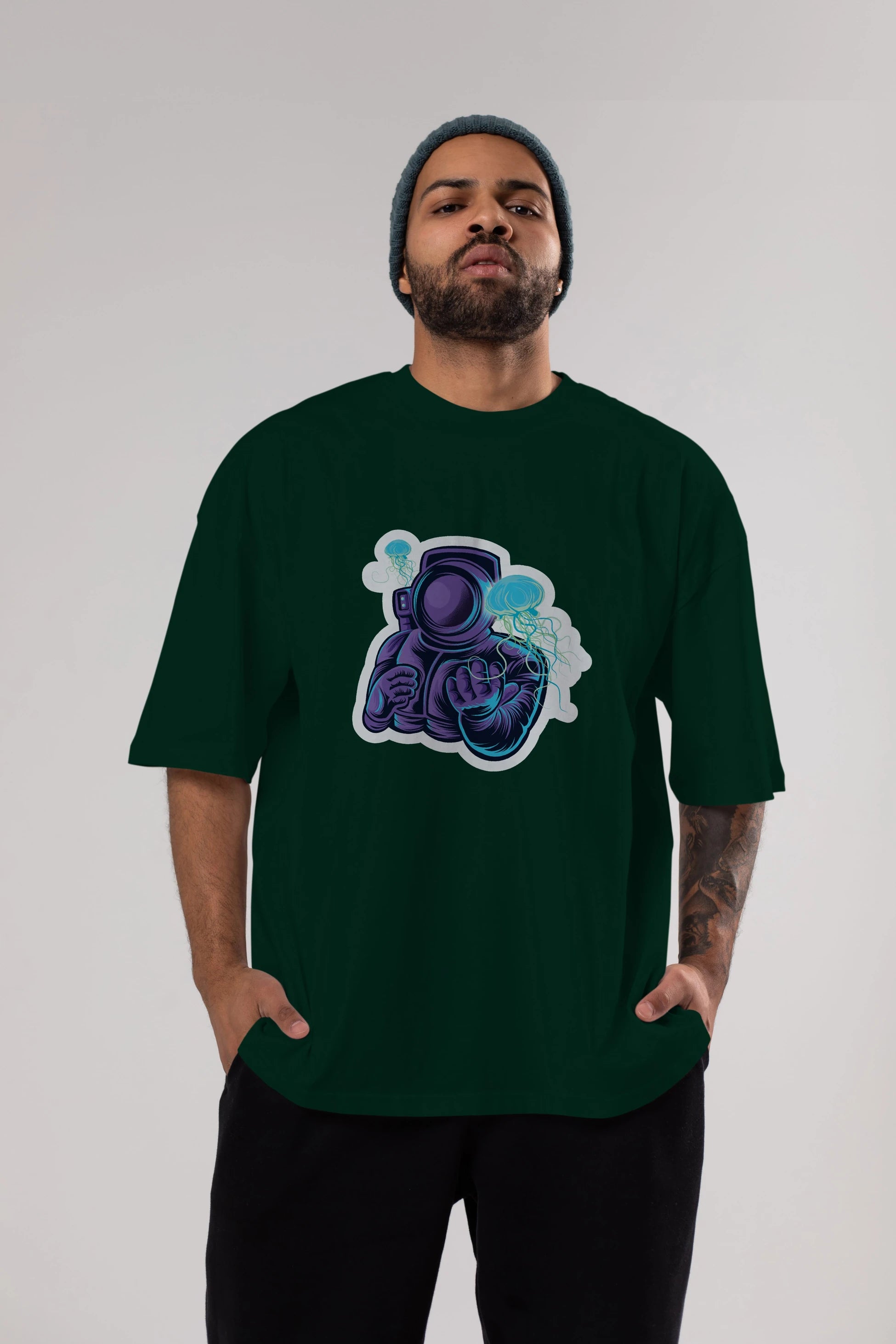 Astronaut and Jellyfish Sticker Ön Baskılı Oversize t-shirt Erkek Kadın Unisex