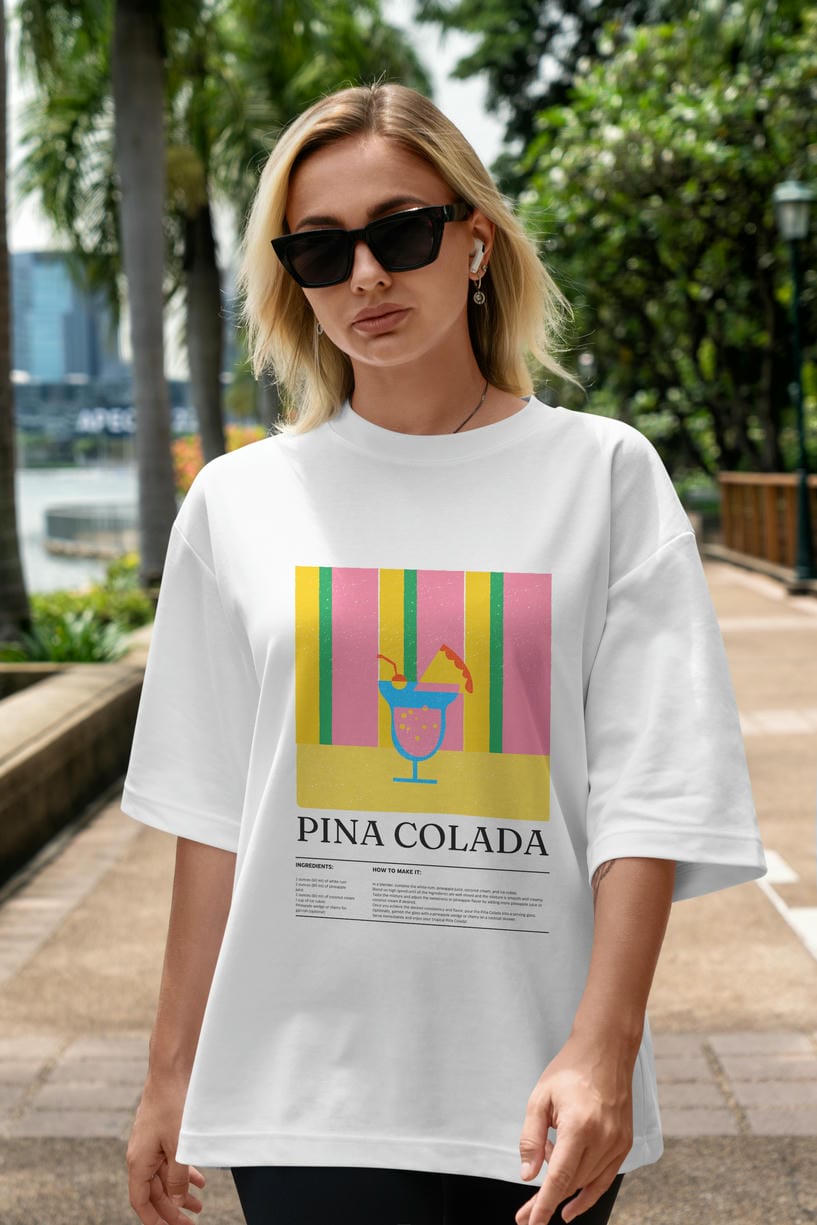 Pina Colada Kokteyl Ön Baskılı Oversize t-shirt Erkek Kadın %100 Pamuk Bisiklet Yaka tişort