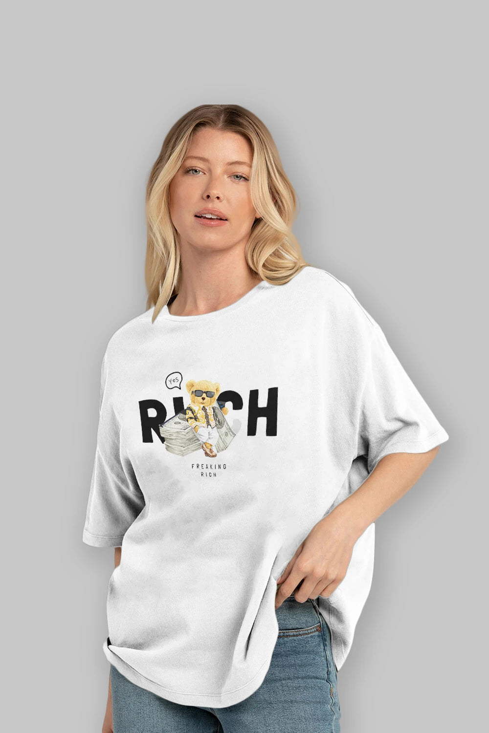 Teddy Bear Freakıng Rich Ön Baskılı Oversize t-shirt Erkek Kadın Unisex %100 Pamuk