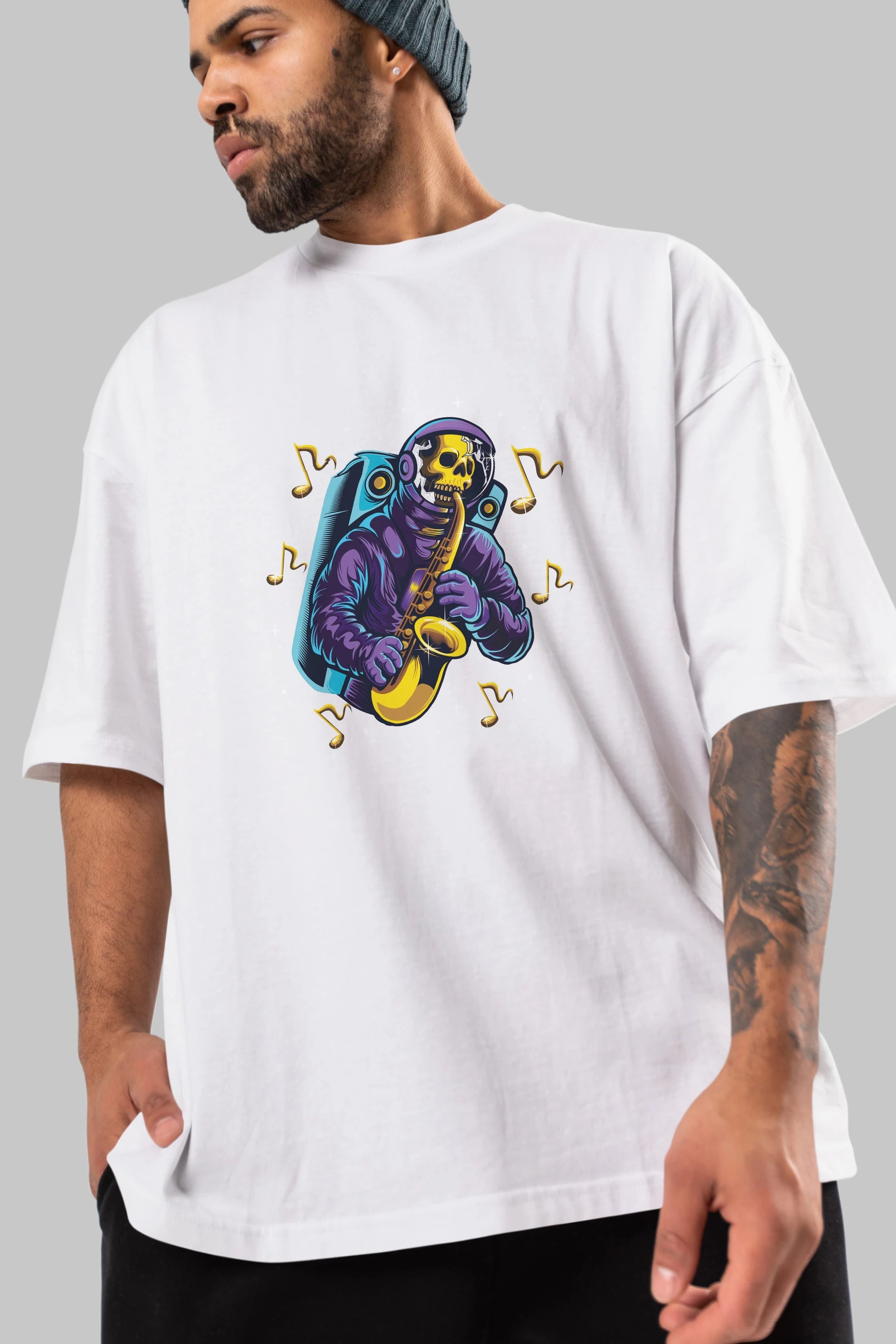 Astroskull Saxophonist Ön Baskılı Oversize t-shirt Erkek Kadın Unisex