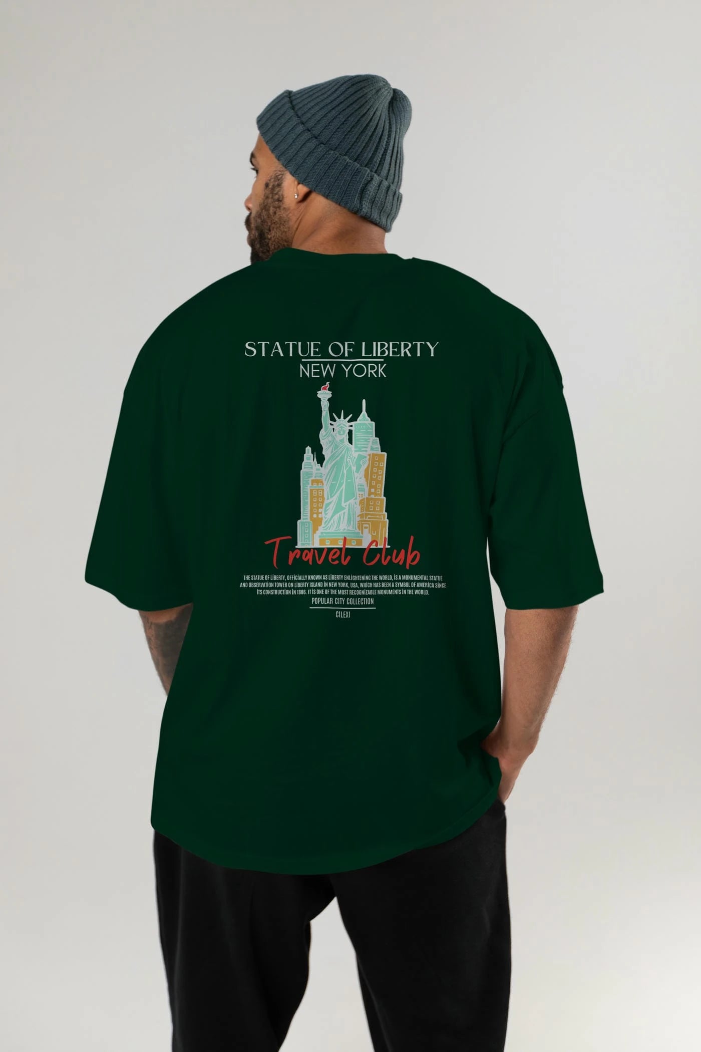 Statue Of Liberty New York Arka Baskılı Oversize t-shirt Erkek Kadın Pamuk Bisiklet Yaka tişort
