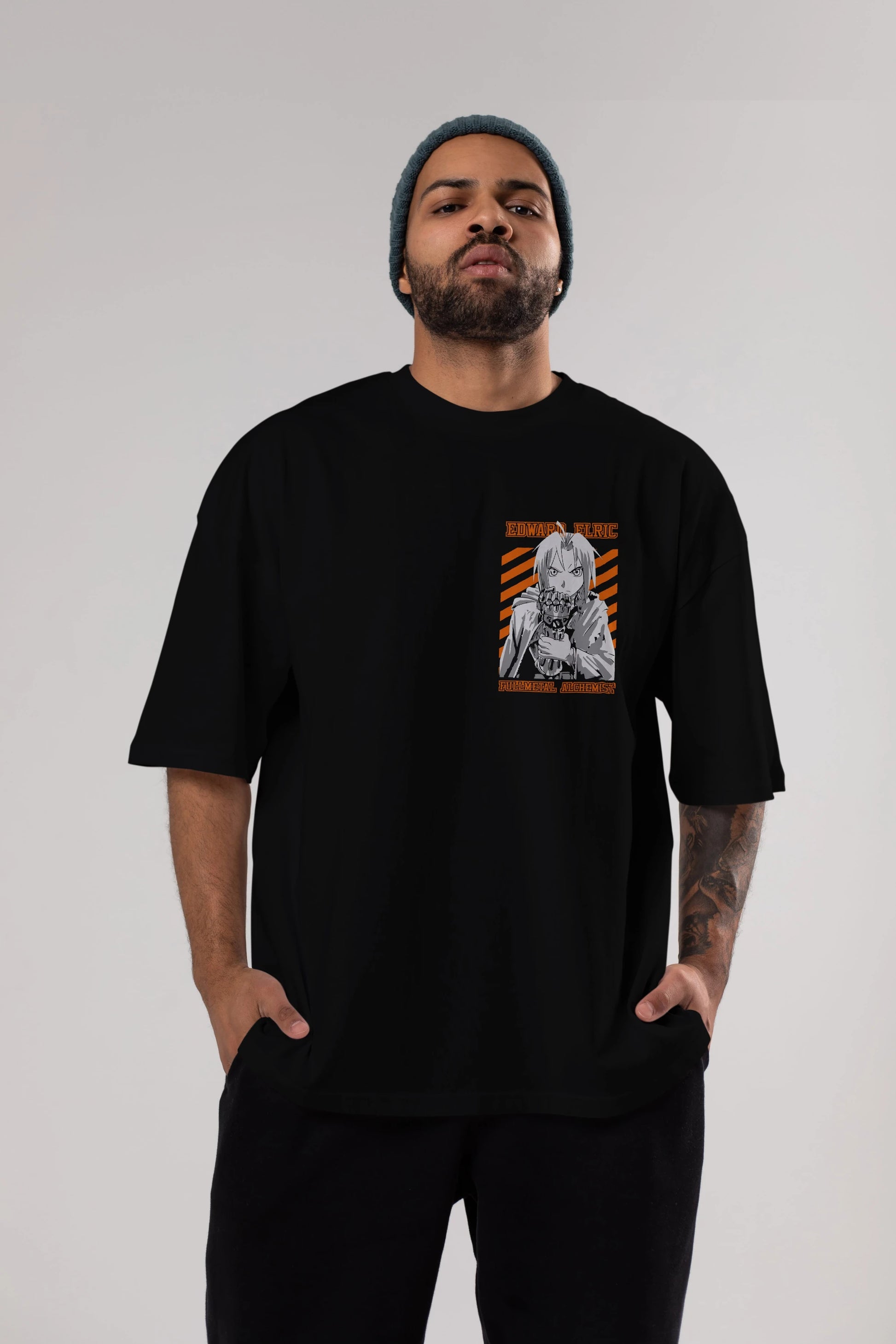 EDWARD ELRIC Ön Sol Baskılı Oversize t-shirt Erkek Kadın Unisex %100 Pamuk Bisiklet Yaka tişort