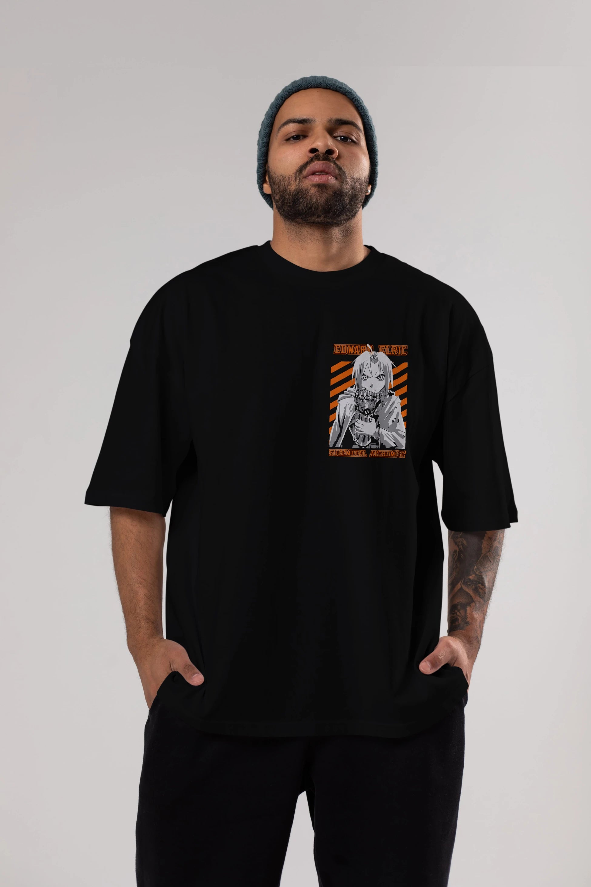 EDWARD ELRIC Ön Sol Baskılı Oversize t-shirt Erkek Kadın Unisex %100 Pamuk Bisiklet Yaka tişort