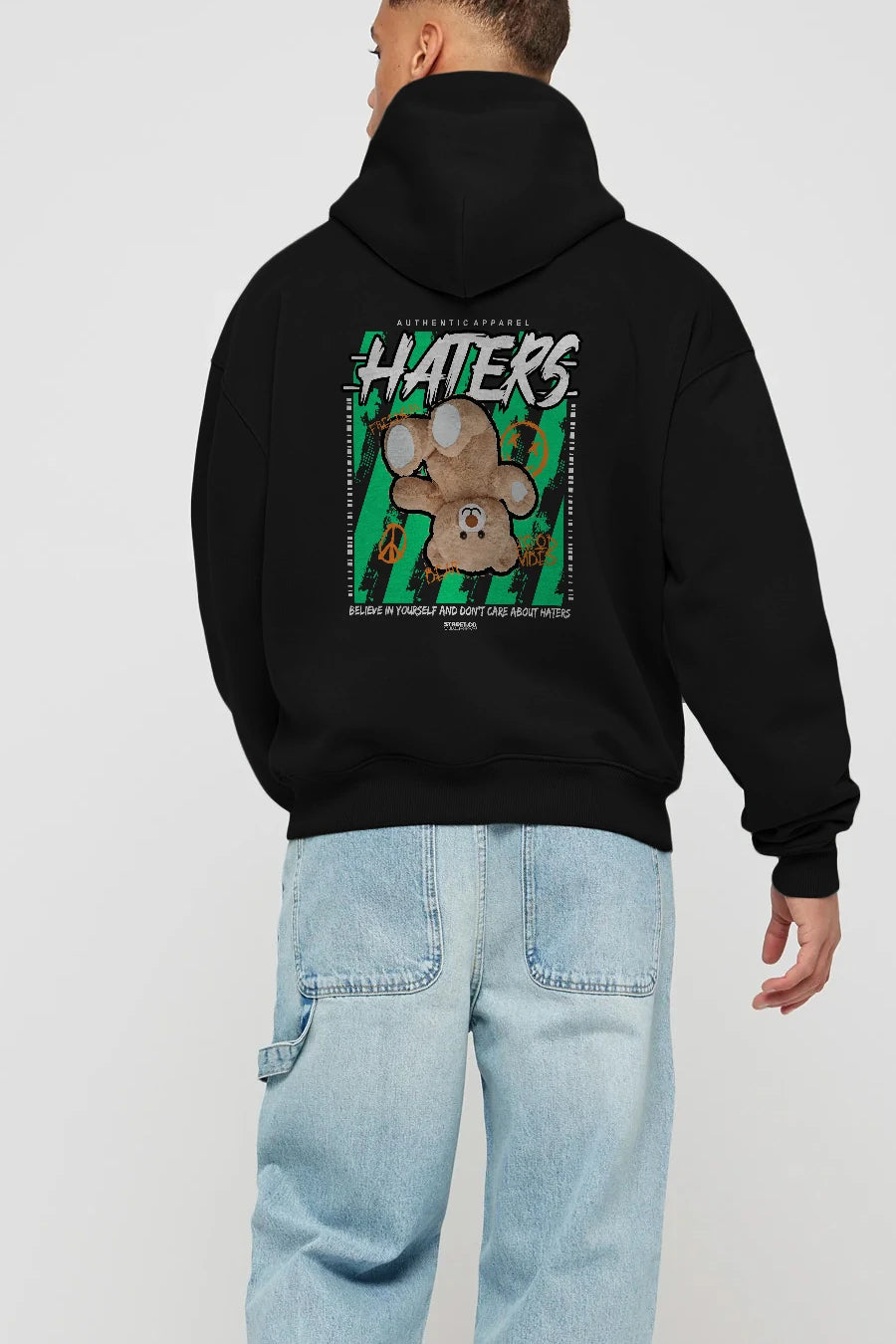 Haters Bear Arka Baskılı Hoodie Oversize Kapüşonlu Sweatshirt Erkek Kadın Unisex