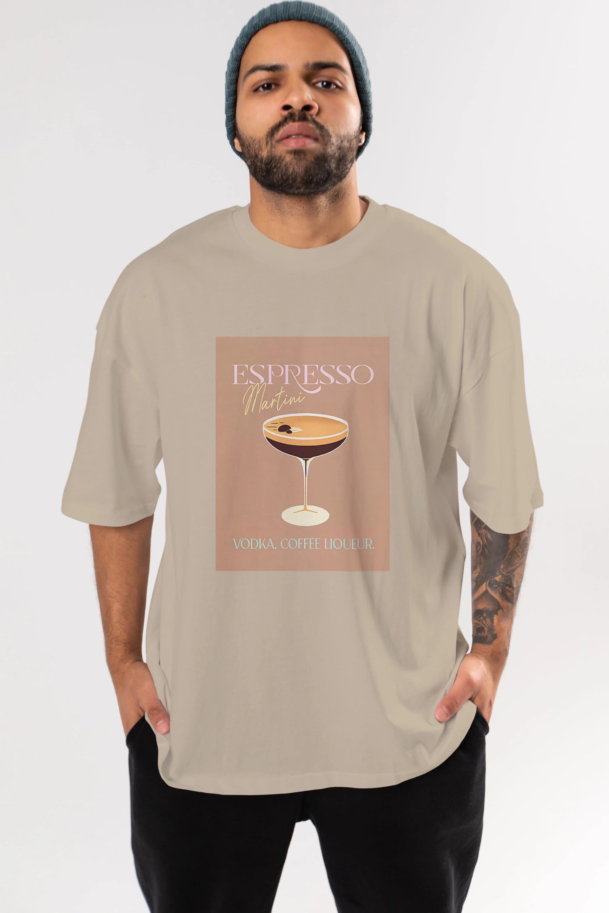 Espresso Martini Cocktail Ön Baskılı Oversize t-shirt Erkek Kadın Unisex %100 Pamuk Bisiklet Yaka tişort