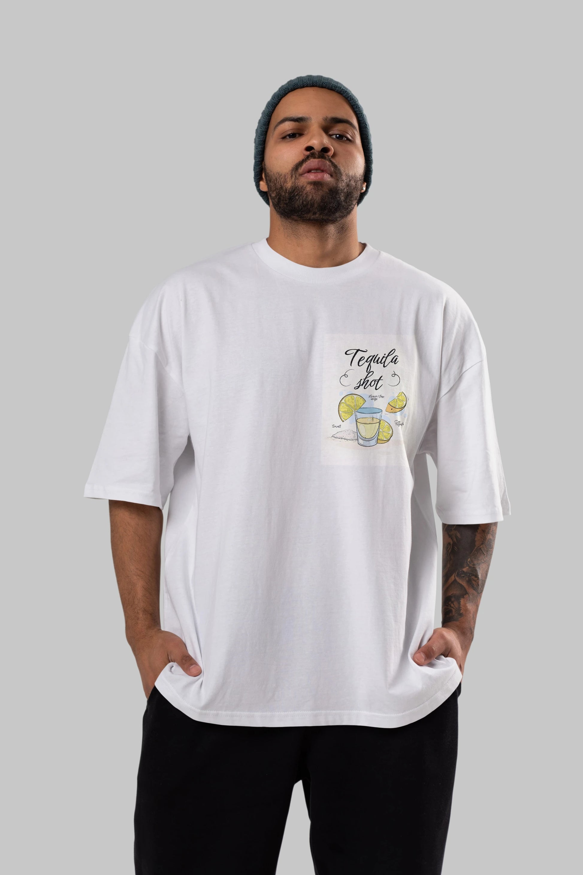 Tequila Shot Ön Sol Baskılı Oversize t-shirt Erkek Kadın Unisex %100 Pamuk Bisiklet Yaka tişort