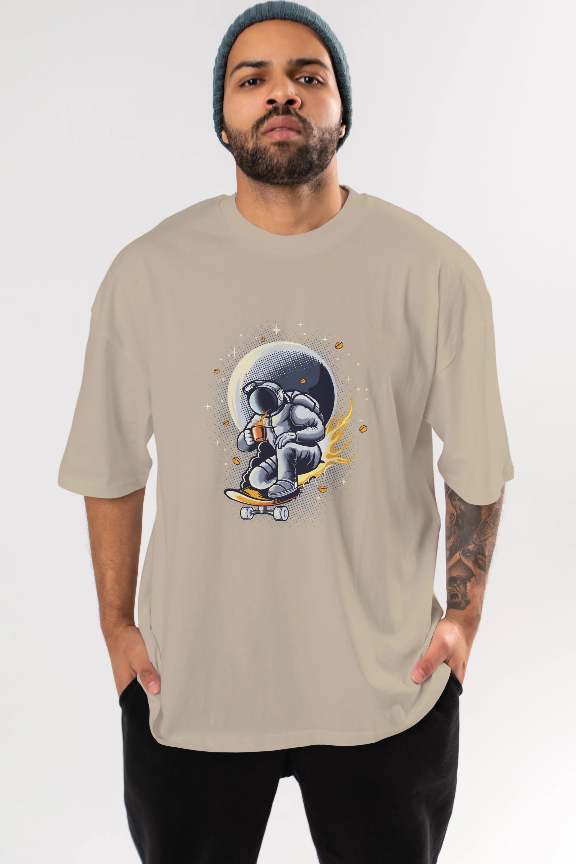 Astro Coffee Addict Ön Baskılı Oversize t-shirt Erkek Kadın Unisex