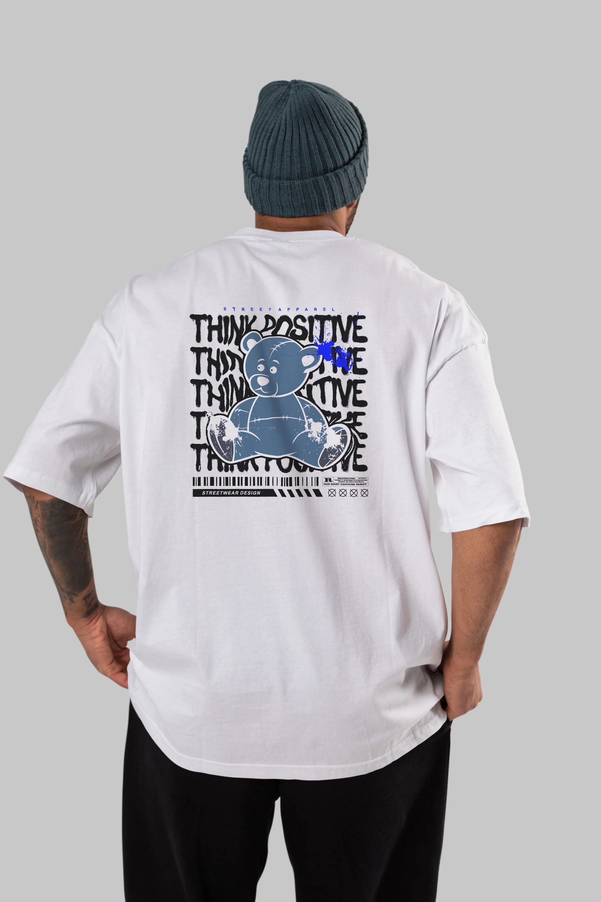 Teddy Bear Think Positive Arka Baskılı Oversize t-shirt Erkek Kadın Unisex