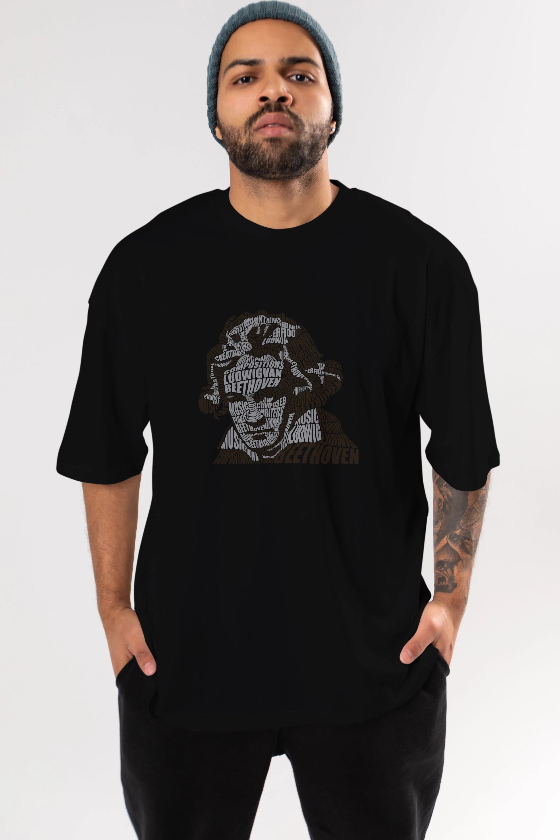 Ludwig van Beethoven Calligram Ön Baskılı Oversize t-shirt %100 pamuk Erkek Kadın Unisex