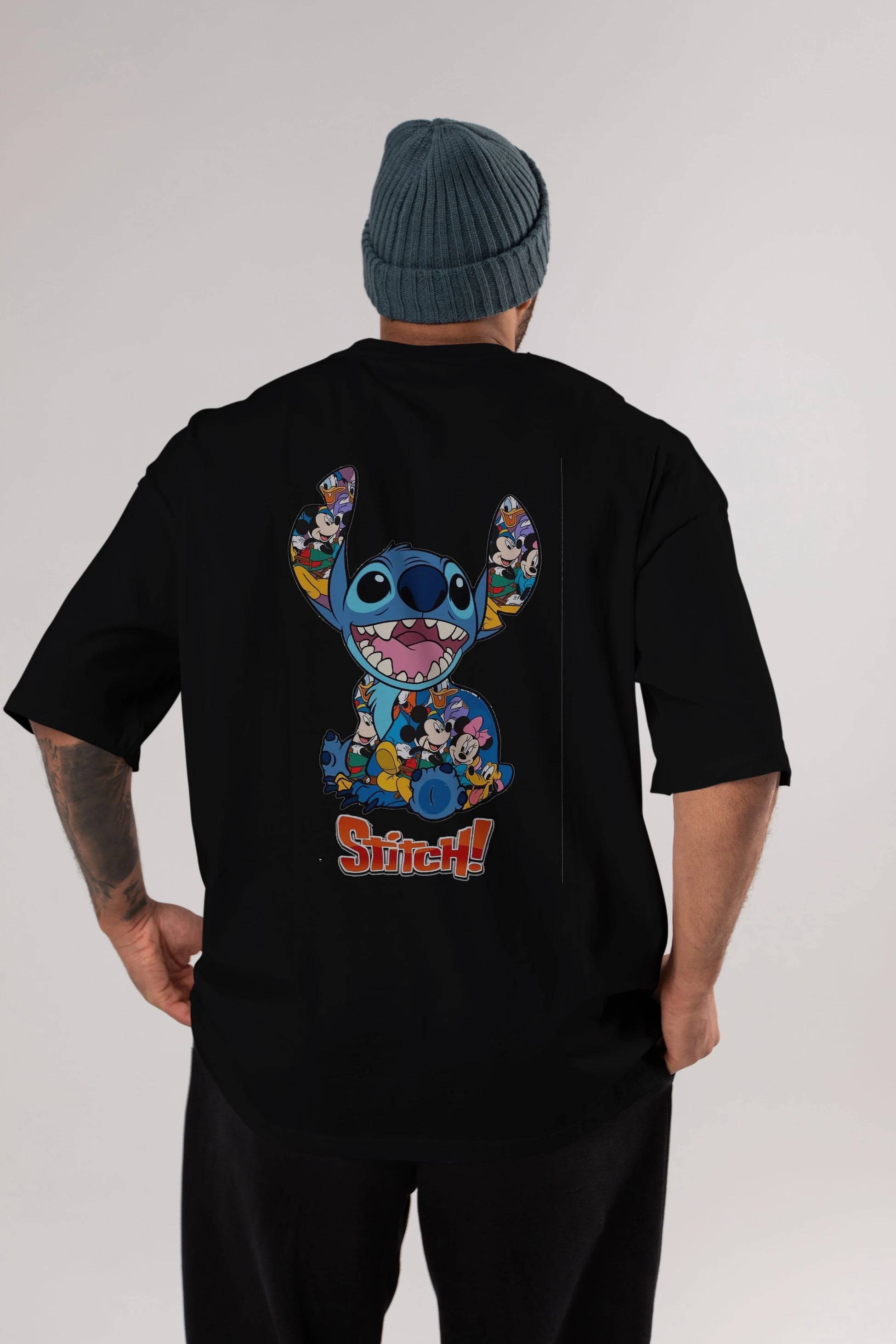 Stitch Arka Baskılı Oversize t-shirt Erkek Kadın Unisex %100 Pamuk Bisiklet Yaka tişort