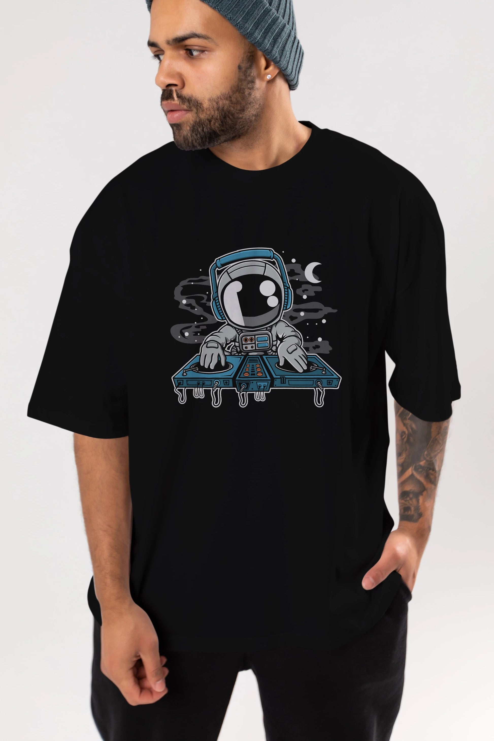 Astronaut Turntable Ön Baskılı Oversize t-shirt Erkek Kadın Unisex