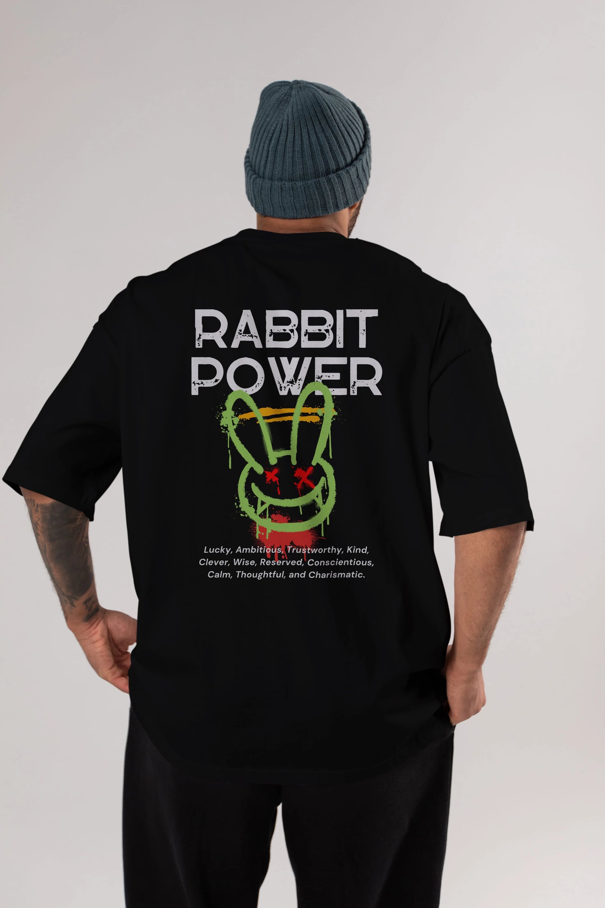 Rabbit Power Yazılı Arka Baskılı Oversize t-shirt Erkek Kadın Unisex
