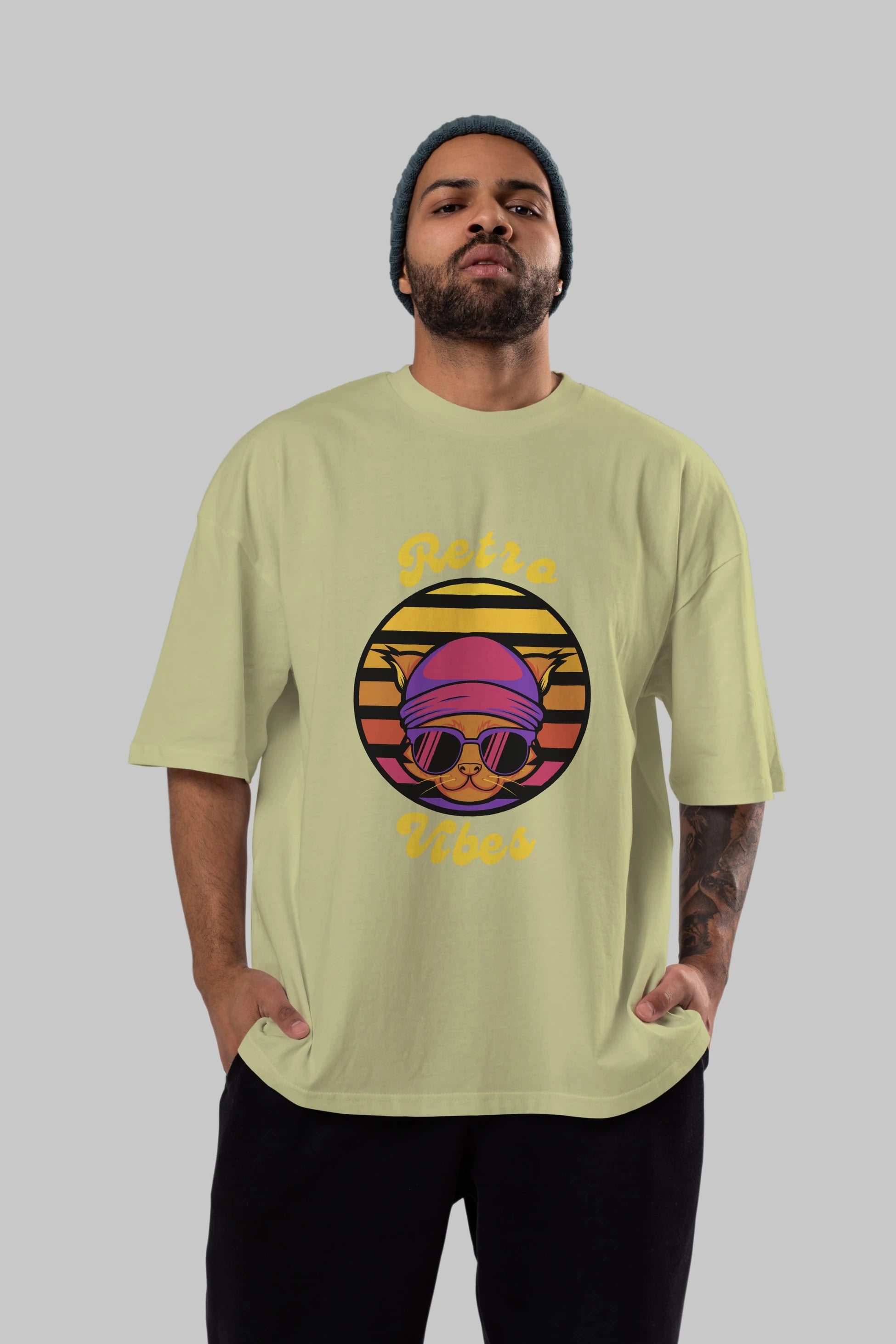 Cat Retro Vibes Ön Baskılı Oversize t-shirt Erkek Kadın Unisex