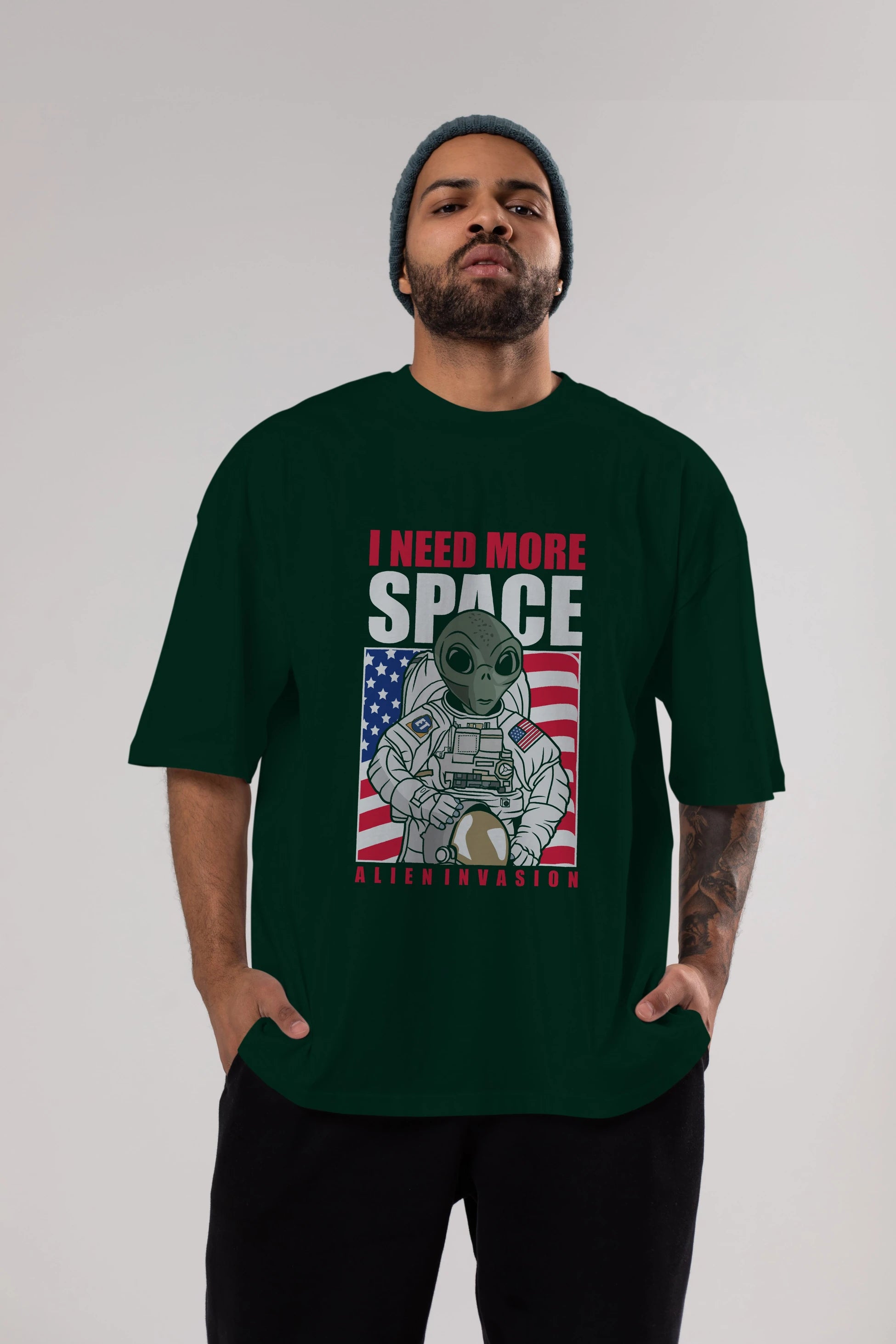 Alien Astronaut Ön Baskılı Oversize t-shirt Erkek Kadın Unisex %100 Pamuk tişort
