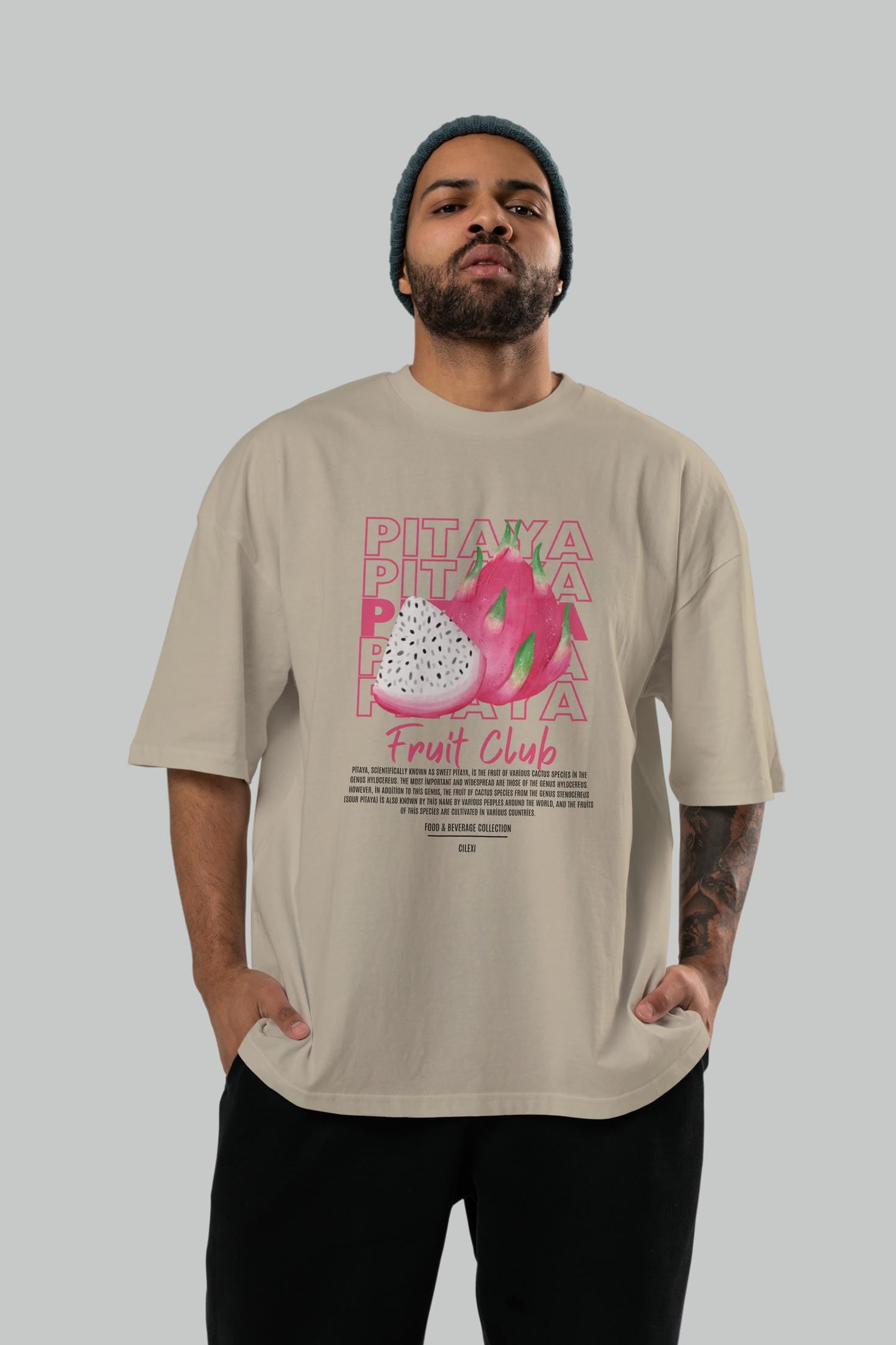 Pitaya Ön Baskılı Oversize t-shirt Erkek Kadın Pamuk Bisiklet Yaka tişort