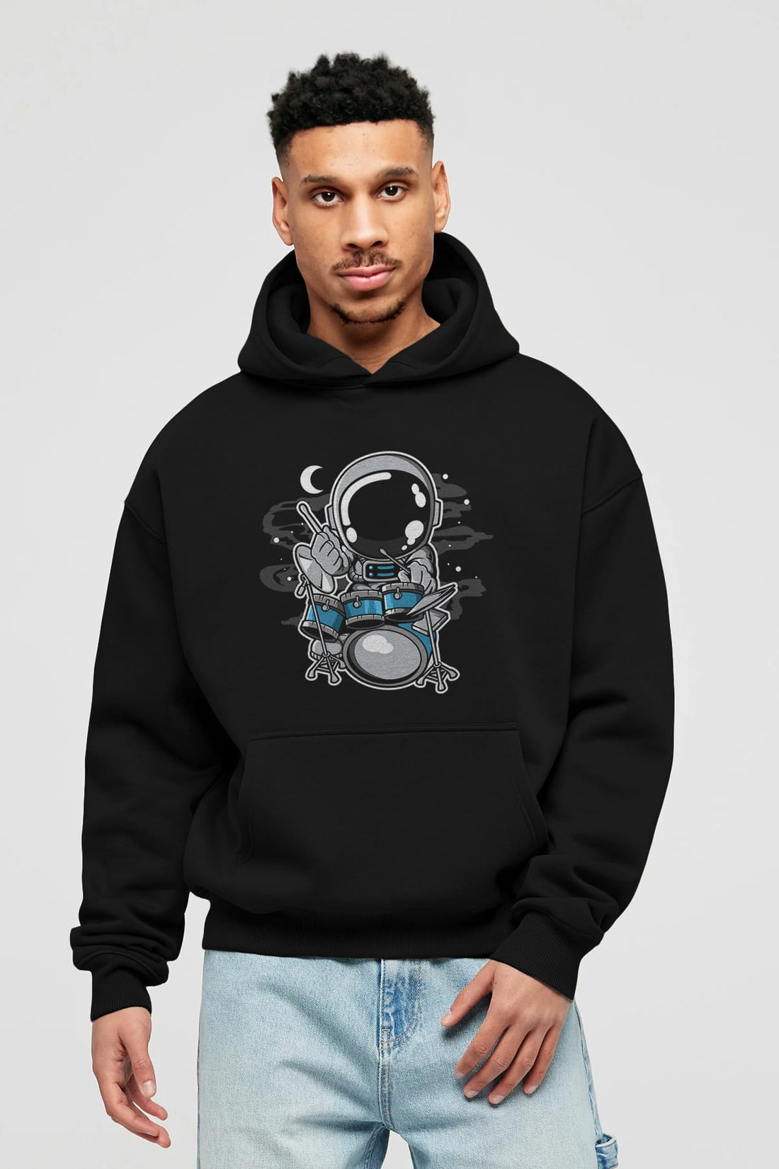 Astronaut Drummer Ön Baskılı Hoodie Oversize Kapüşonlu Sweatshirt Erkek Kadın Unisex