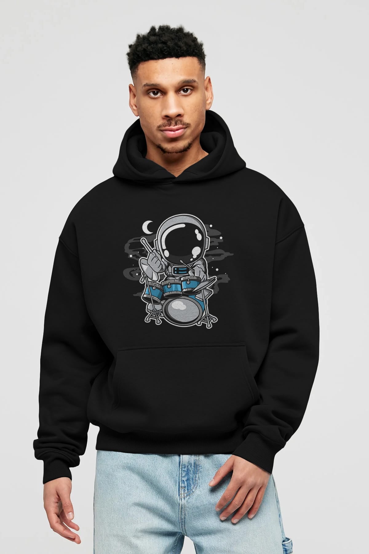 Astronaut Drummer Ön Baskılı Hoodie Oversize Kapüşonlu Sweatshirt Erkek Kadın Unisex