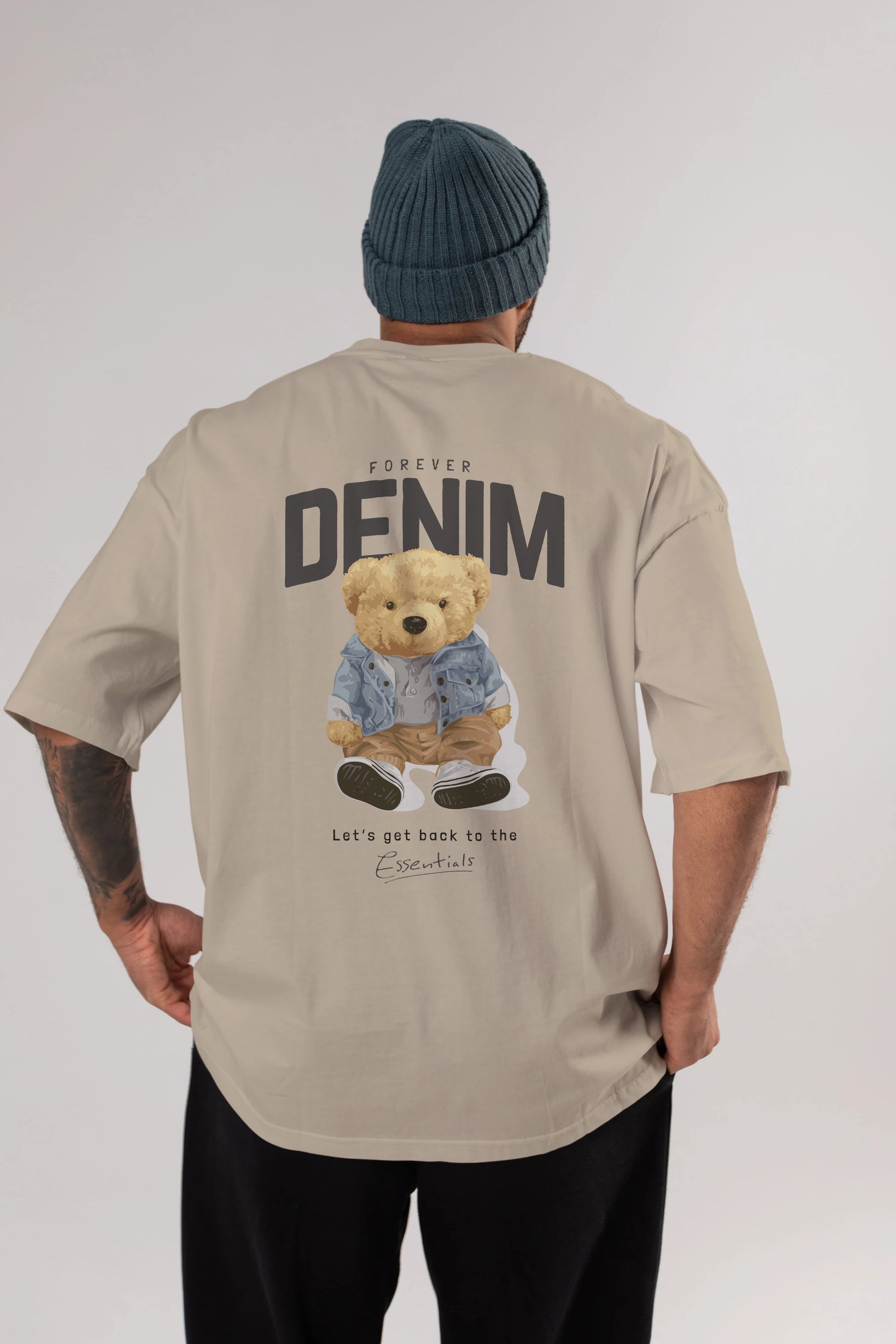 Teddy Bear Forever Denim Arka Baskılı Oversize t-shirt Erkek Kadın Unisex %100 Pamuk