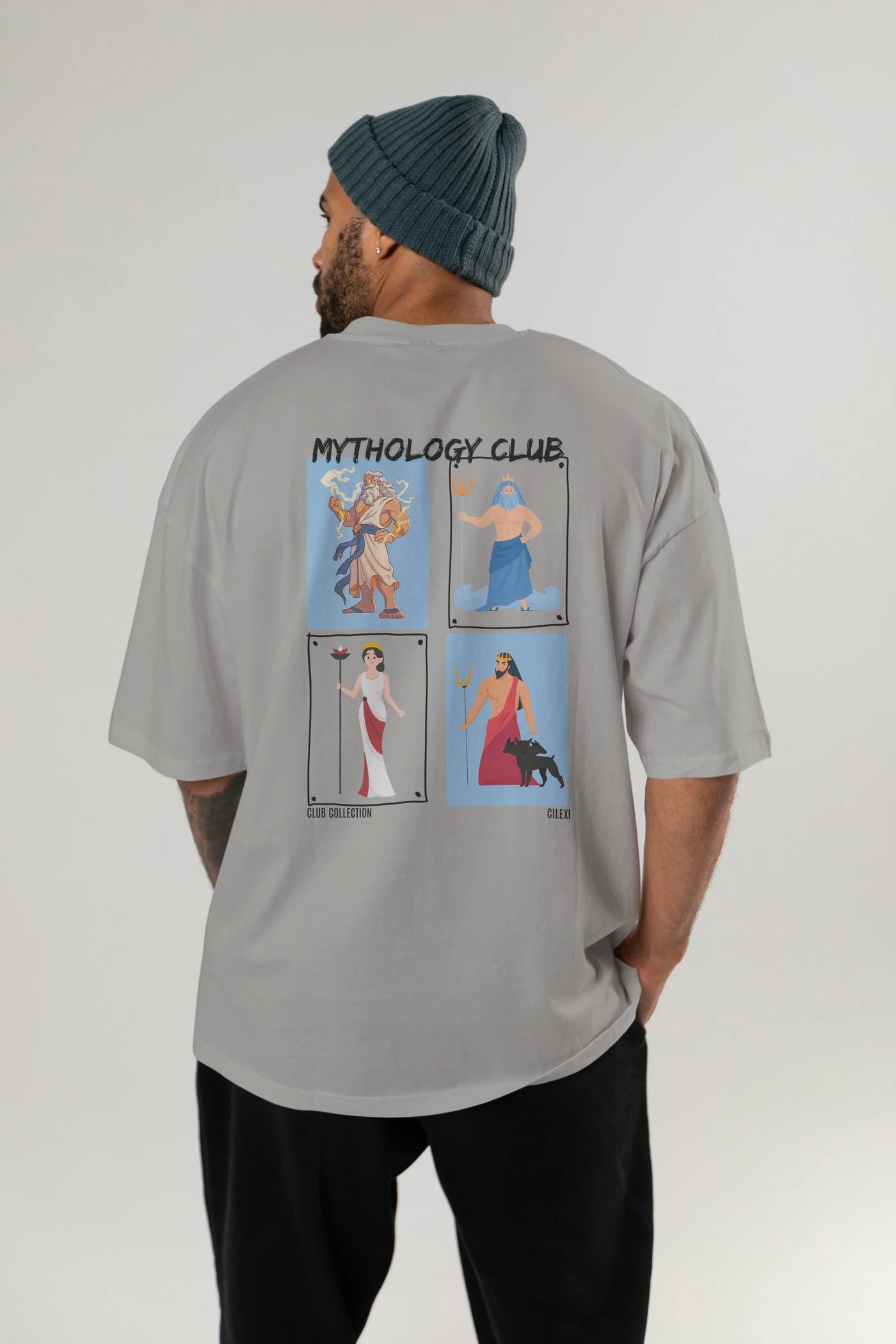 Mythology Club 2 Arka Baskılı Oversize t-shirt Erkek Kadın %100 Pamuk Bisiklet Yaka tişort