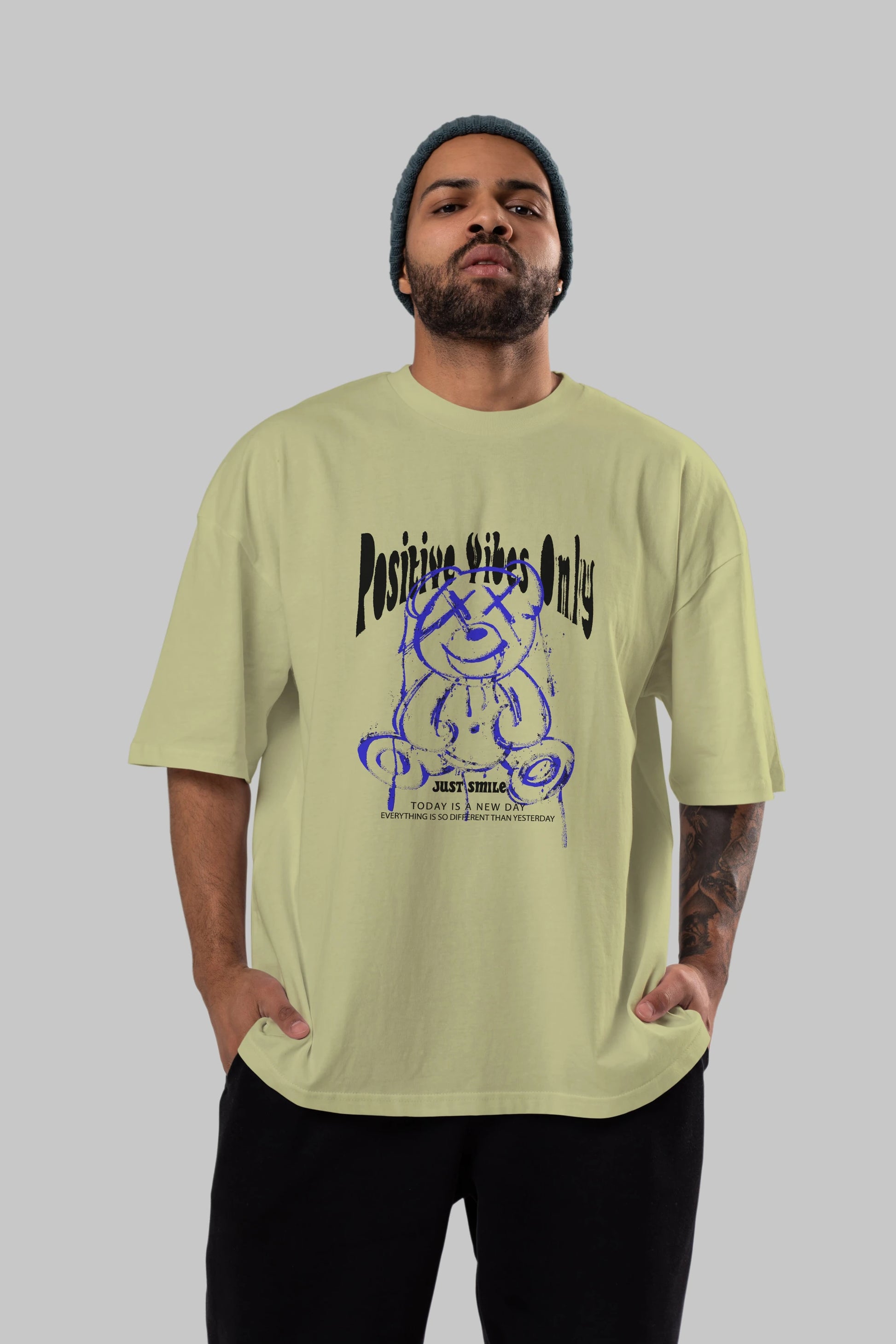 Positive Vibes Only Bear Ön Baskılı Oversize t-shirt Erkek Kadın Unisex