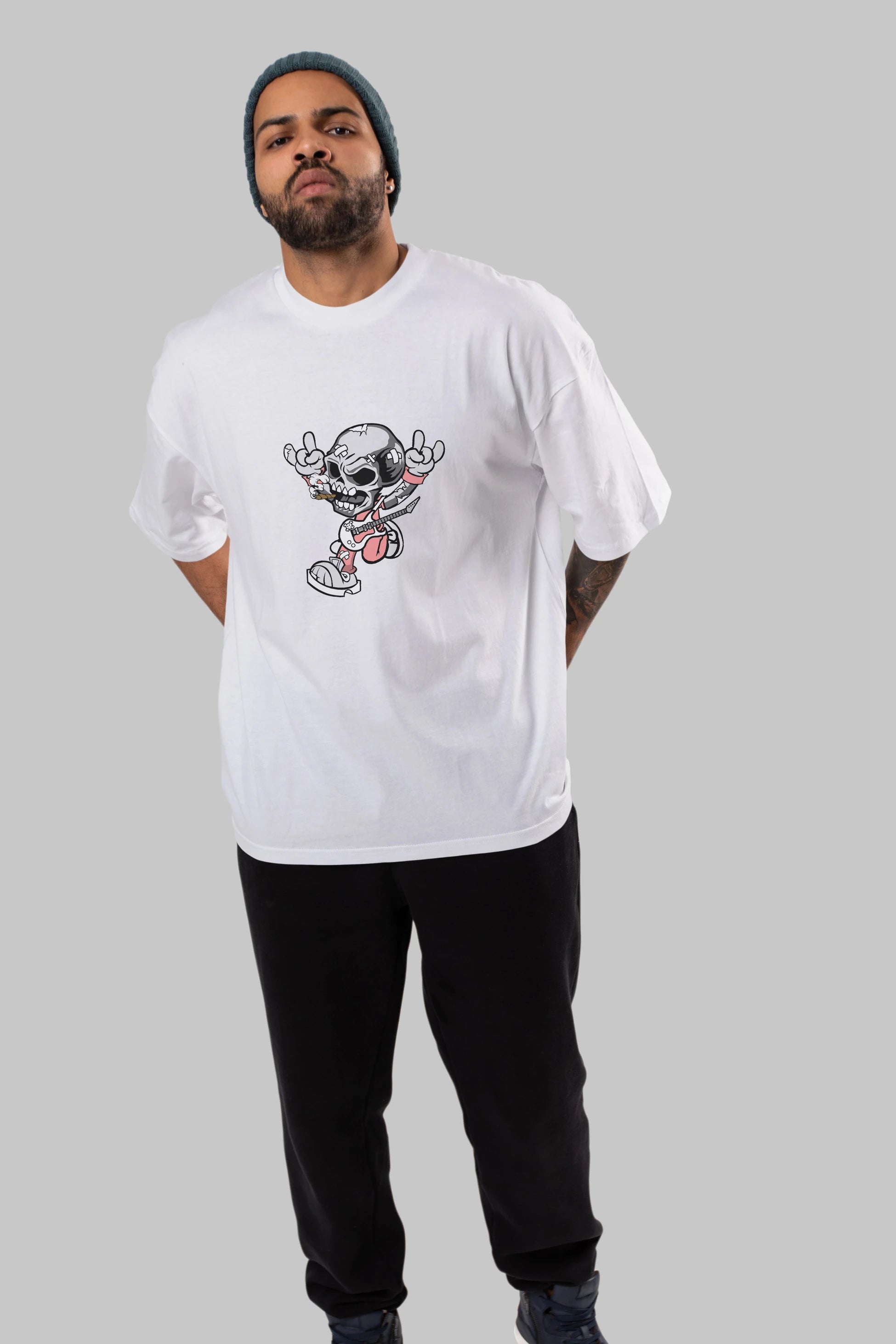 Skull Metal Sign Ön Baskılı Oversize t-shirt Erkek Kadın Unisex %100 Pamuk tişort