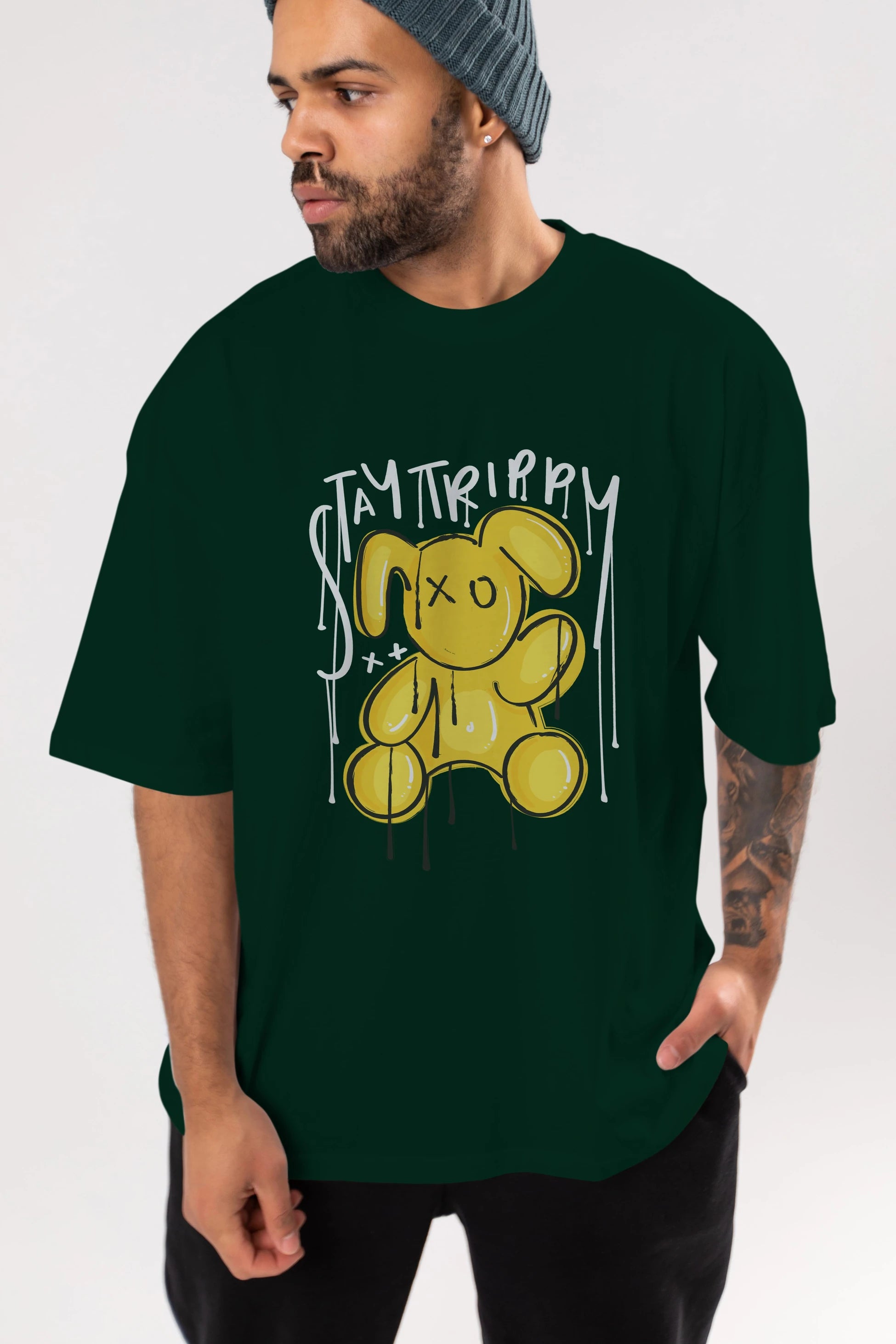 Stay Trippy Bear Ön Baskılı Oversize t-shirt Erkek Kadın Unisex