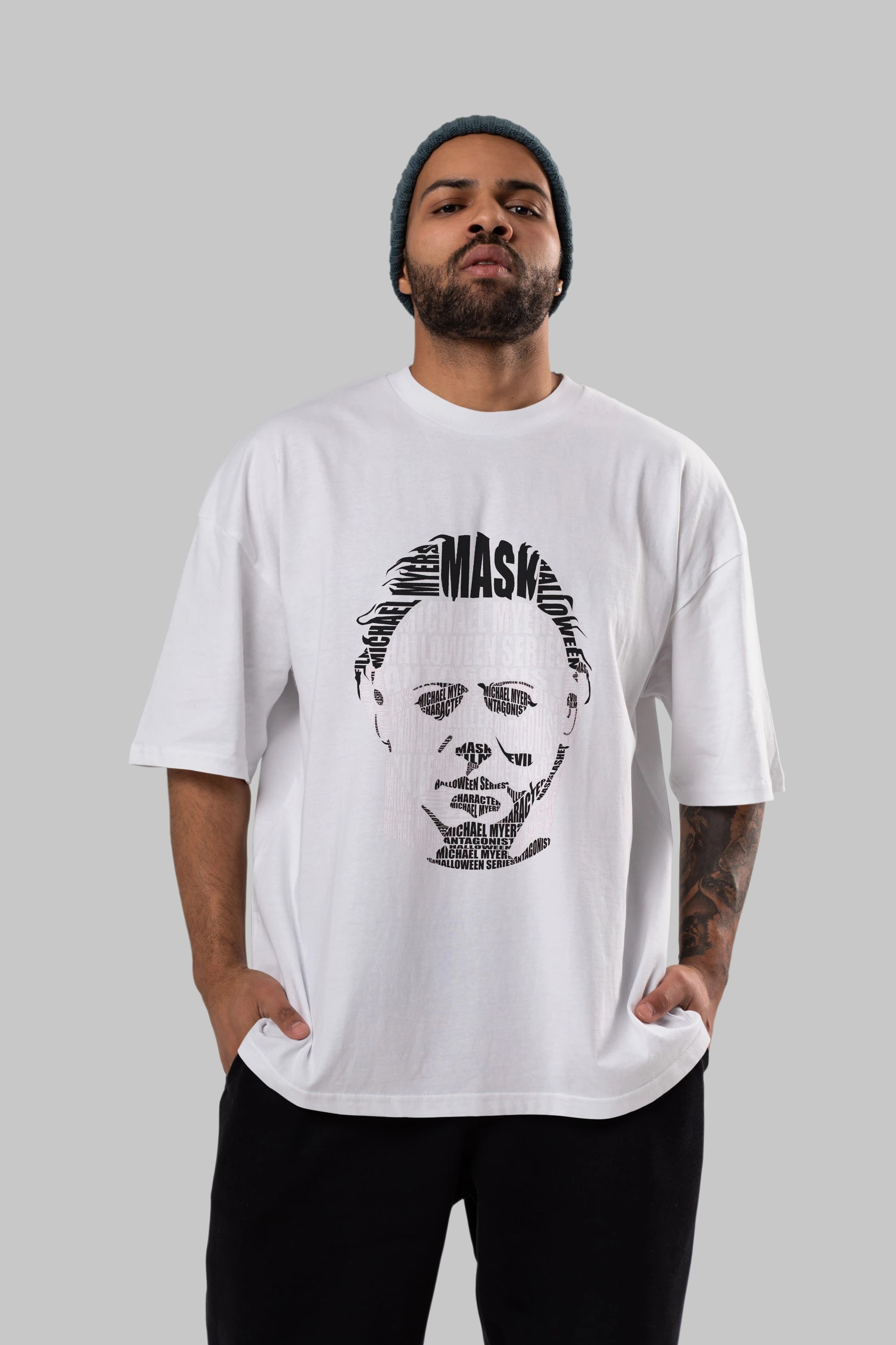 Michael Myers Calligram Ön Baskılı Oversize t-shirt %100 pamuk Erkek Kadın Unisex