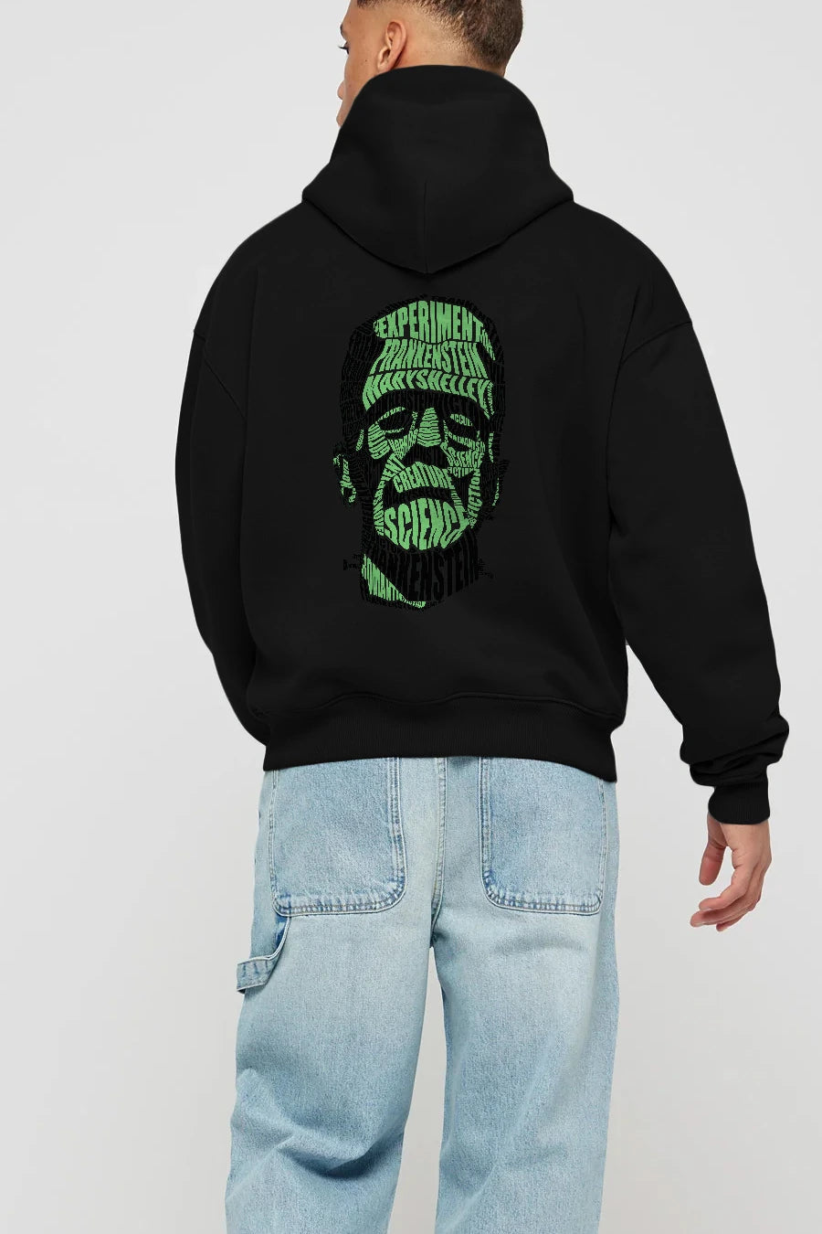 Frankenstein Calligram Arka Baskılı Hoodie Oversize Kapüşonlu Sweatshirt Erkek Kadın Unisex