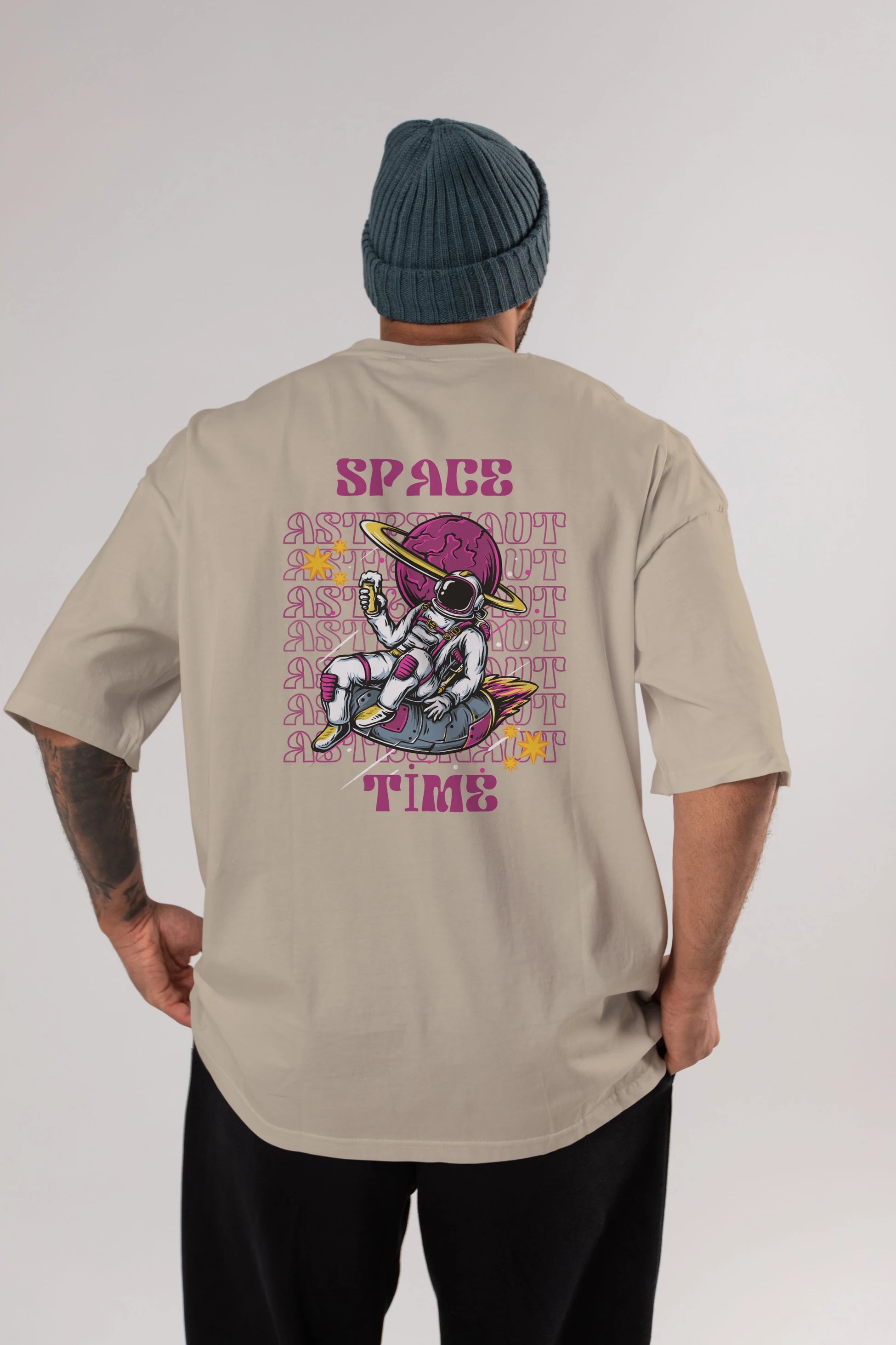 Space Time Astronaut Yazılı Arka Baskılı Oversize t-shirt Erkek Kadın Unisex